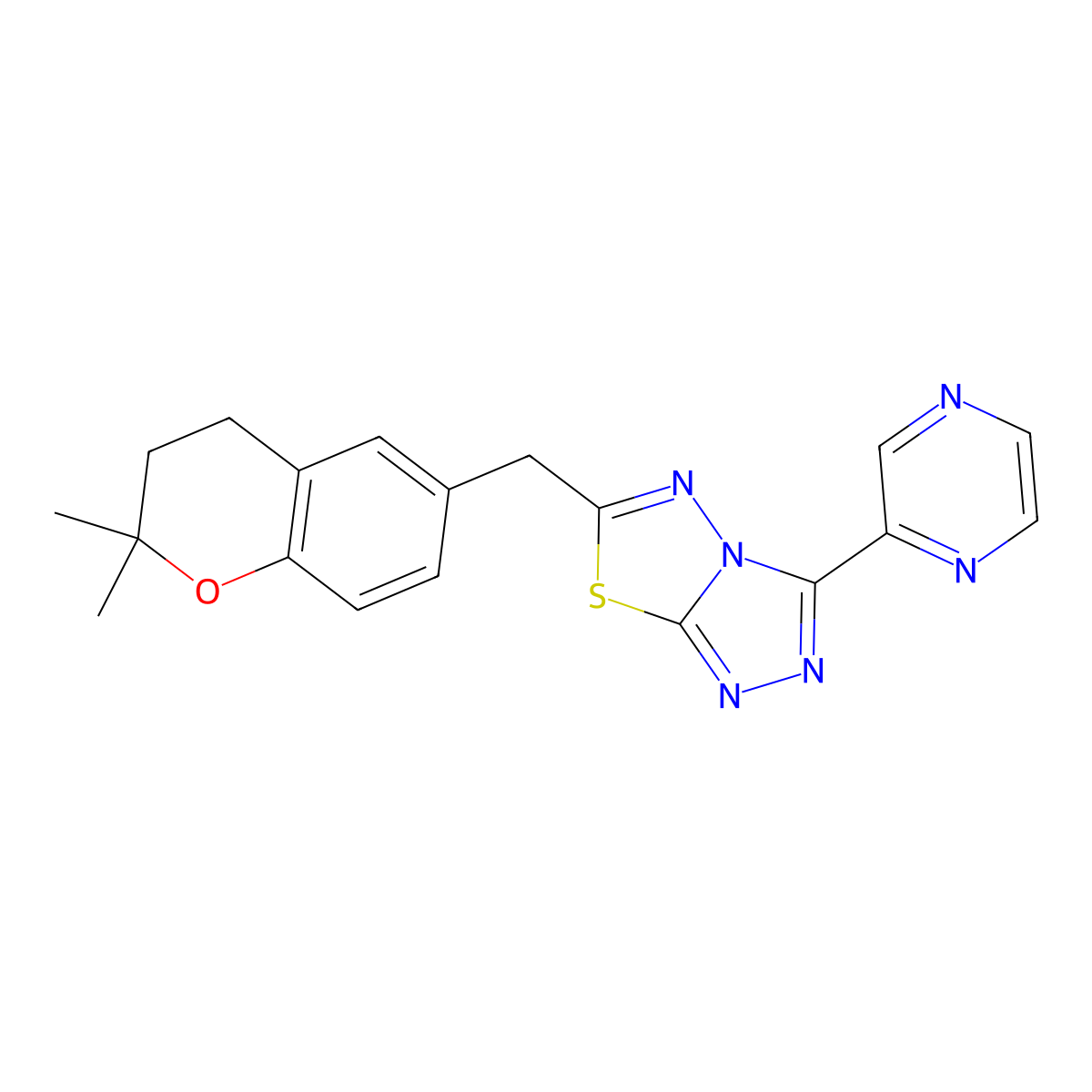 6-[(2,2-dimethyl-3,4-dihydro-2H-chromen-6-yl)methyl]-3-(pyrazin-2-yl)[1,2,4]triazolo[3,4-b][1,3,4]thiadiazole molecular structure, CAS 1010882-63-9