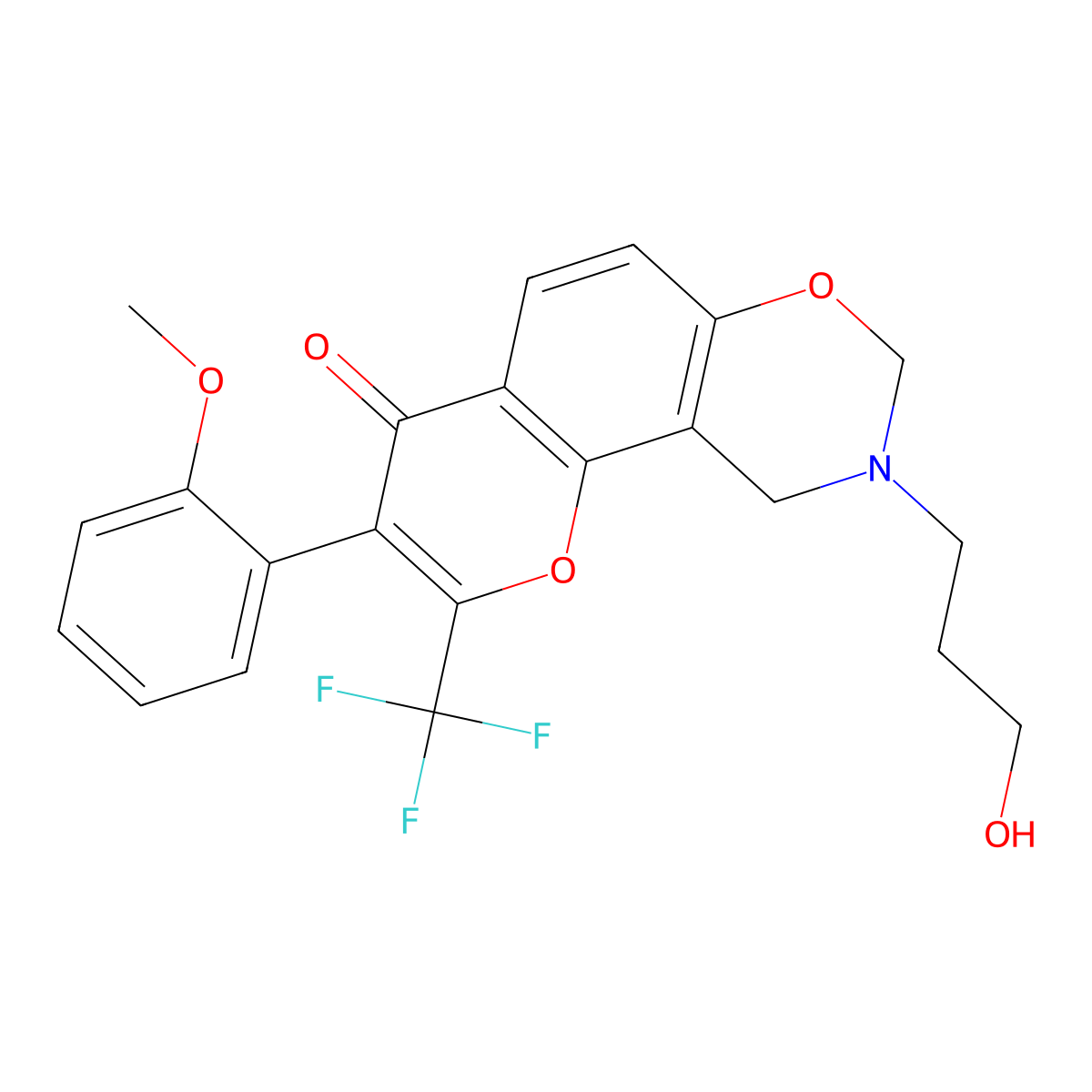 9-(3-hydroxypropyl)-3-(2-methoxyphenyl)-2-(trifluoromethyl)-9,10-dihydrochromeno[8,7-e][1,3]oxazin-4(8H)-one molecular structure, CAS 1010882-76-4