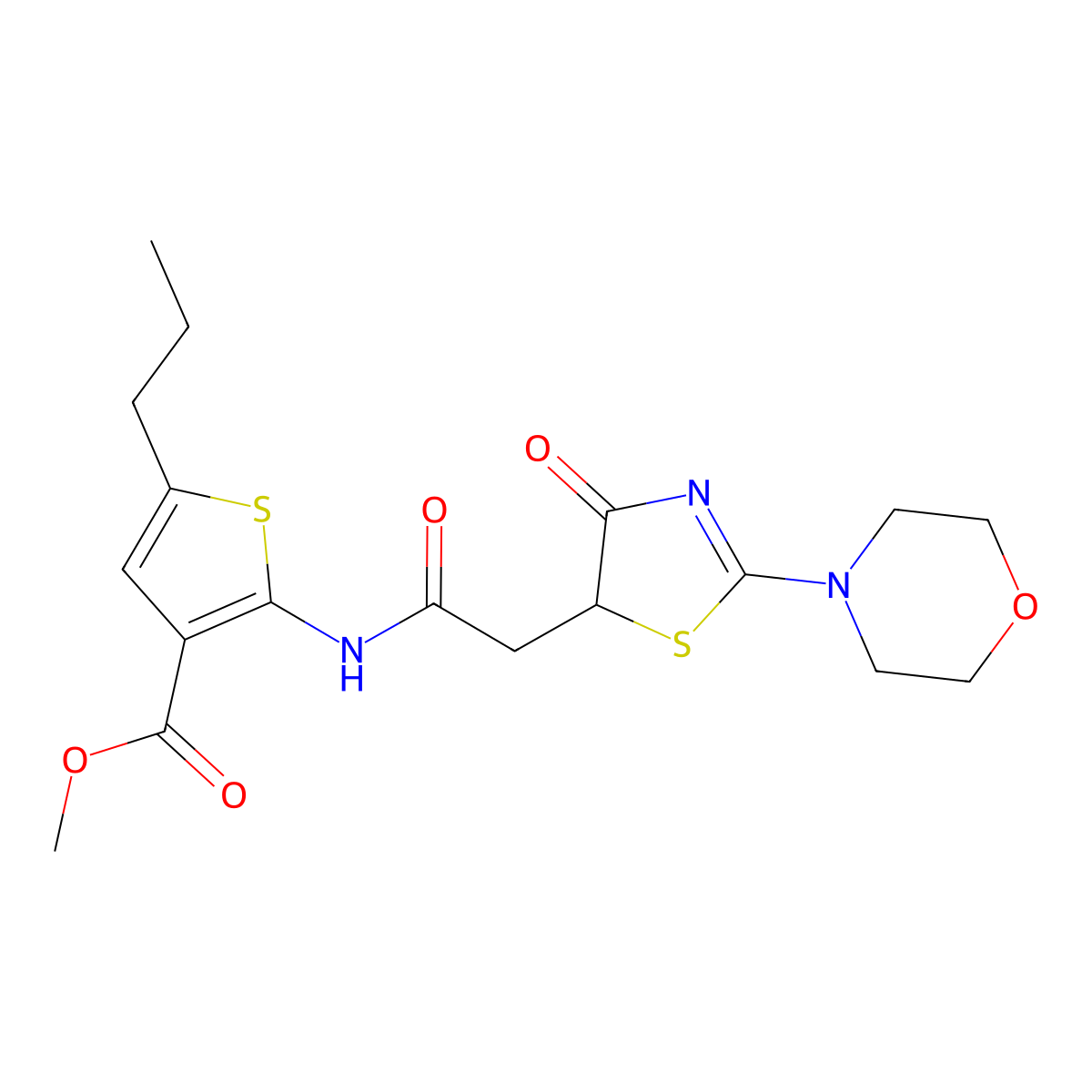 Methyl 2-({[2-(morpholin-4-yl)-4-oxo-4,5-dihydro-1,3-thiazol-5-yl]acetyl}amino)-5-propylthiophene-3-carboxylate molecular structure, CAS 1010883-71-2