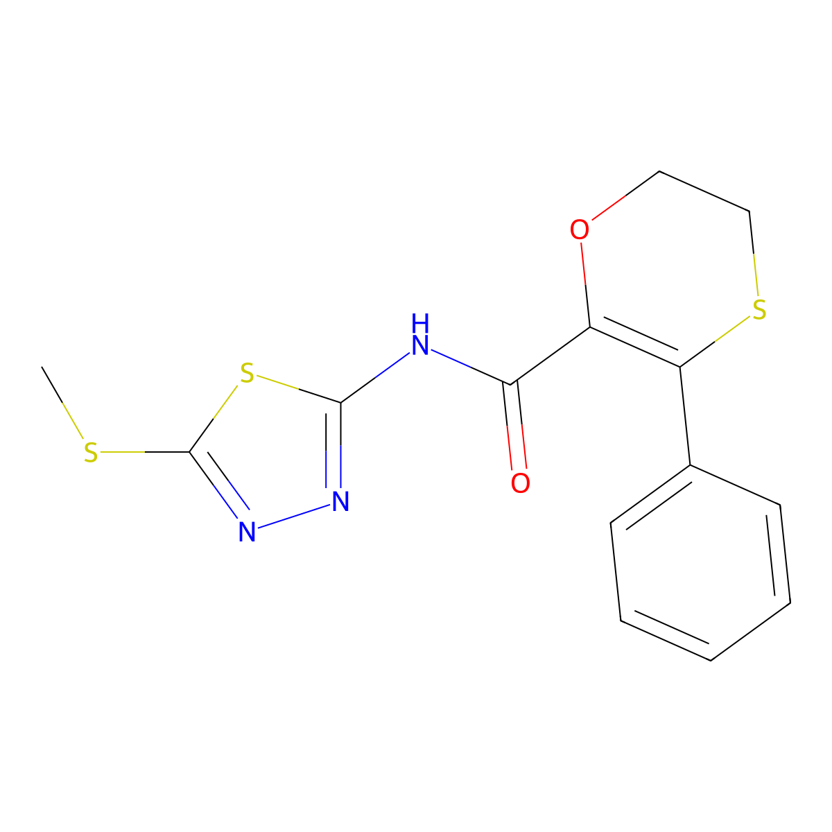 N-[(2Z)-5-(methylsulfanyl)-1,3,4-thiadiazol-2(3H)-ylidene]-3-phenyl-5,6-dihydro-1,4-oxathiine-2-carboxamide molecular structure, CAS 1010884-63-5
