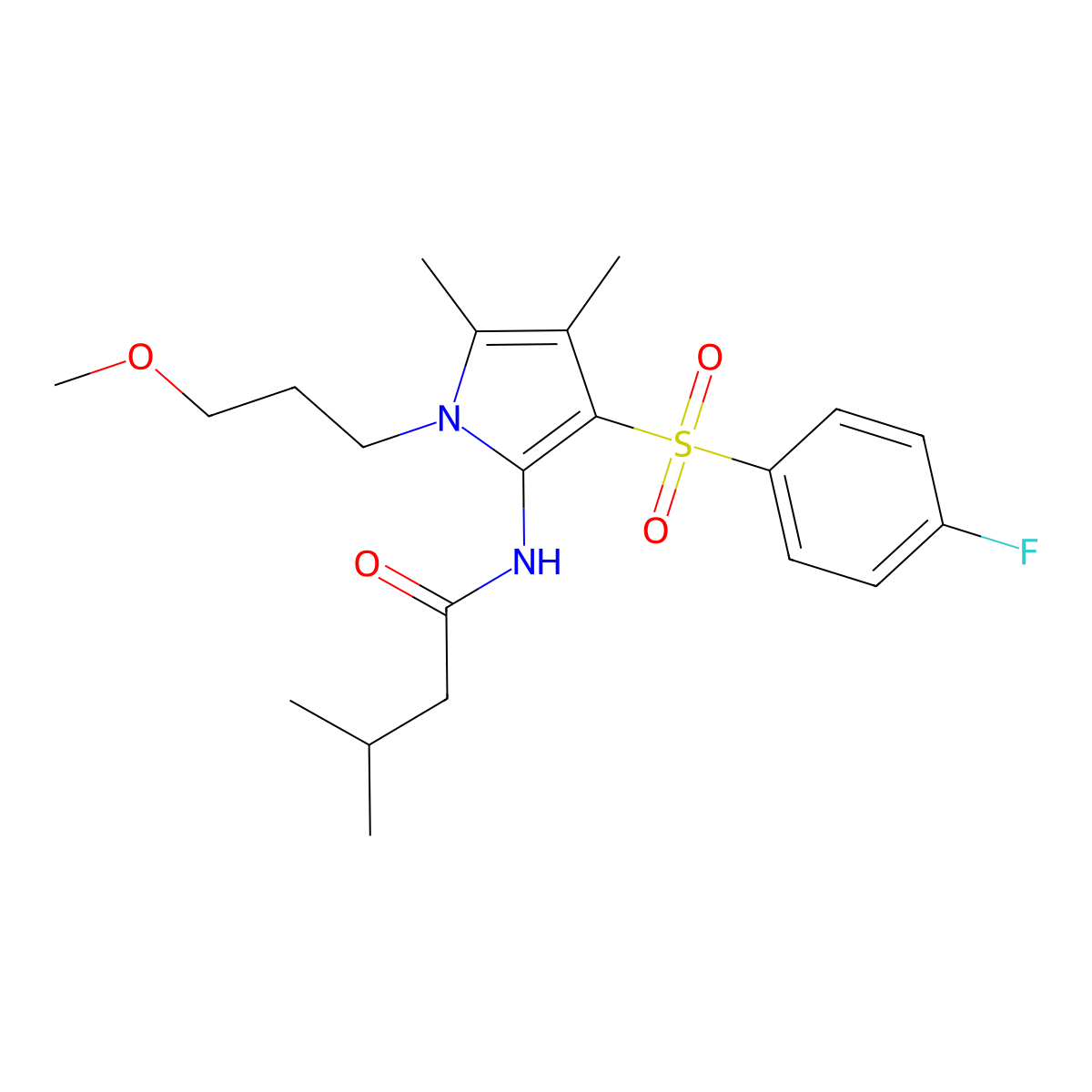 N-{3-[(4-fluorophenyl)sulfonyl]-1-(3-methoxypropyl)-4,5-dimethyl-1H-pyrrol-2-yl}-3-methylbutanamide molecular structure, CAS 1010885-78-5