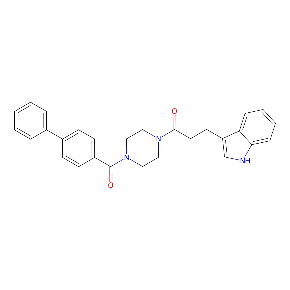1-[4-(biphenyl-4-ylcarbonyl)piperazin-1-yl]-3-(1H-indol-3-yl)propan-1-one molecular structure, CAS 1010887-57-6