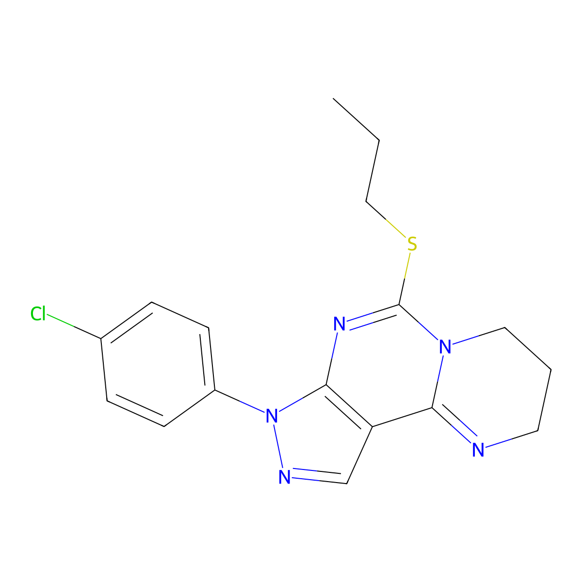 8-(4-Chlorophenyl)-6-(propylsulfanyl)-2,3,4,8-tetrahydropyrazolo[4,3-e]pyrimido[1,2-c]pyrimidine molecular structure, CAS 1010888-03-5