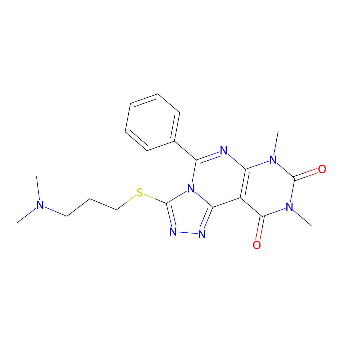 3-{[3-(dimethylamino)propyl]sulfanyl}-7,9-dimethyl-5-phenylpyrimido[5,4-e][1,2,4]triazolo[4,3-c]pyrimidine-8,10(7H,9H)-dione molecular structure, CAS 1010888-08-0