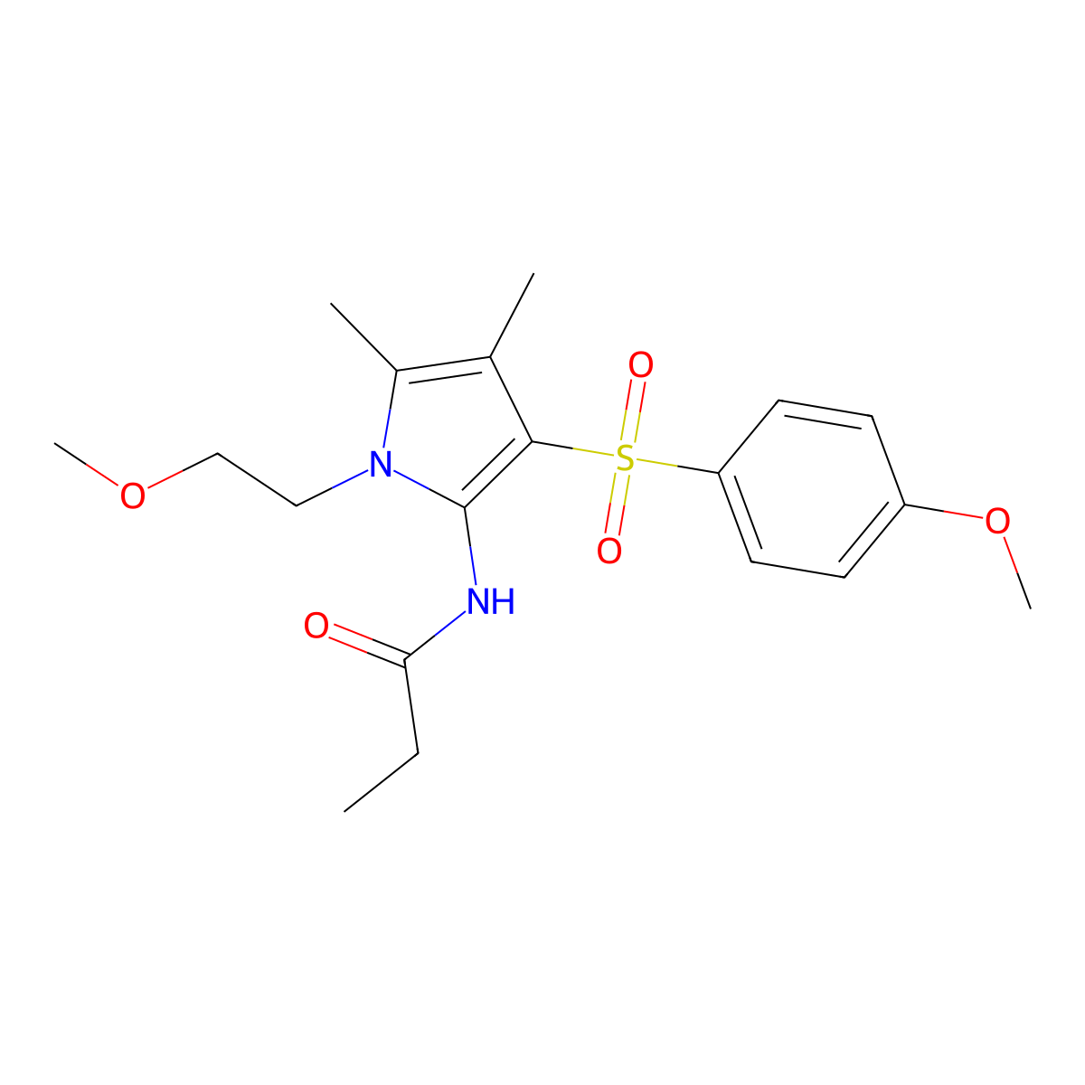 N-{1-(2-methoxyethyl)-3-[(4-methoxyphenyl)sulfonyl]-4,5-dimethyl-1H-pyrrol-2-yl}propanamide molecular structure, CAS 1010888-38-6