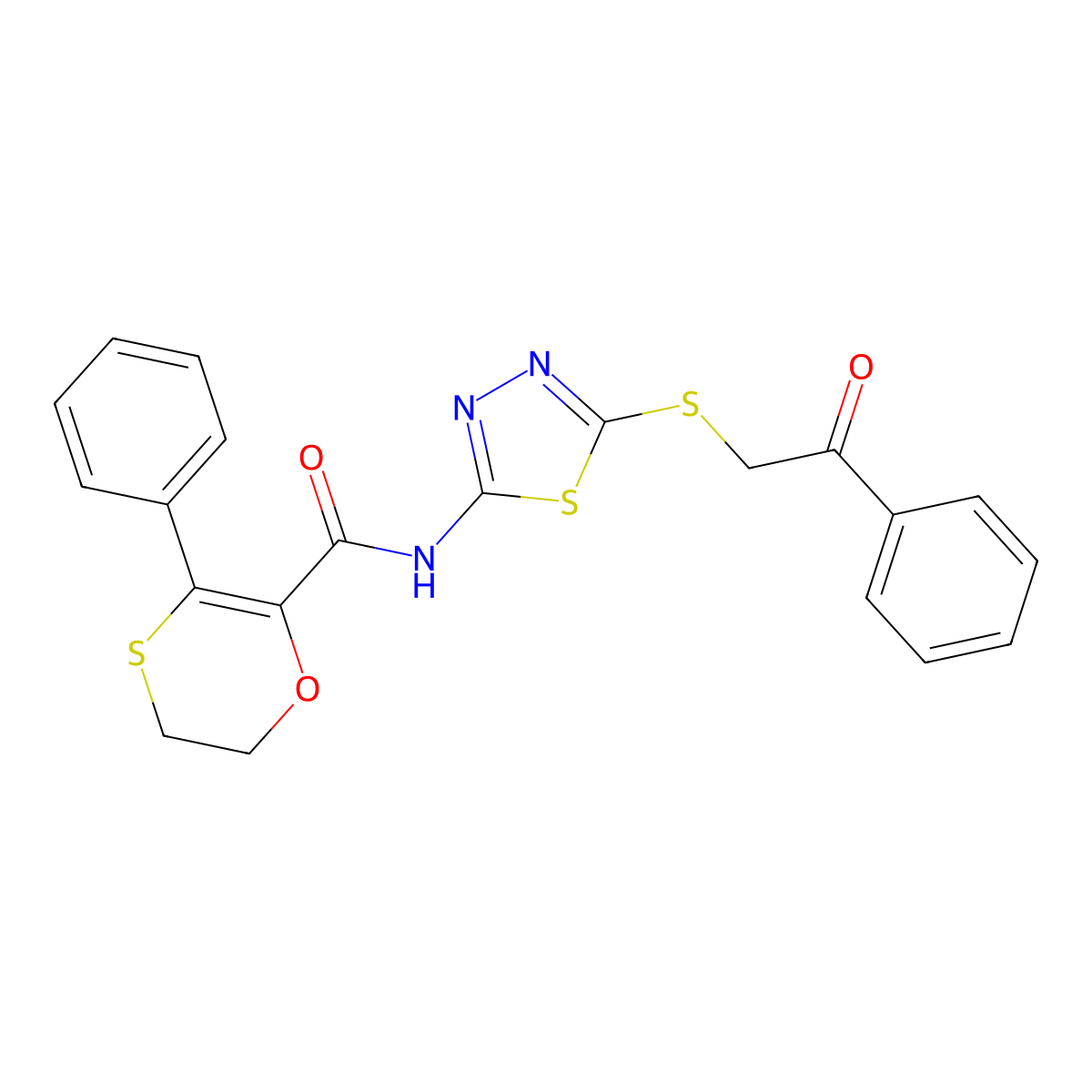 N-[(2Z)-5-[(2-oxo-2-phenylethyl)sulfanyl]-1,3,4-thiadiazol-2(3H)-ylidene]-3-phenyl-5,6-dihydro-1,4-oxathiine-2-carboxamide molecular structure, CAS 1010889-12-9