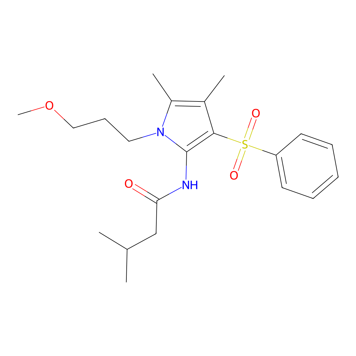 N-[1-(3-methoxypropyl)-4,5-dimethyl-3-(phenylsulfonyl)-1H-pyrrol-2-yl]-3-methylbutanamide molecular structure, CAS 1010889-33-4