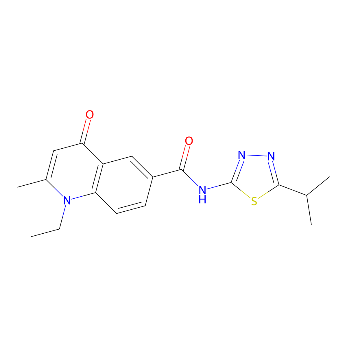 1-ethyl-2-methyl-4-oxo-N-[(2E)-5-(propan-2-yl)-1,3,4-thiadiazol-2(3H)-ylidene]-1,4-dihydroquinoline-6-carboxamide molecular structure, CAS 1010889-92-5