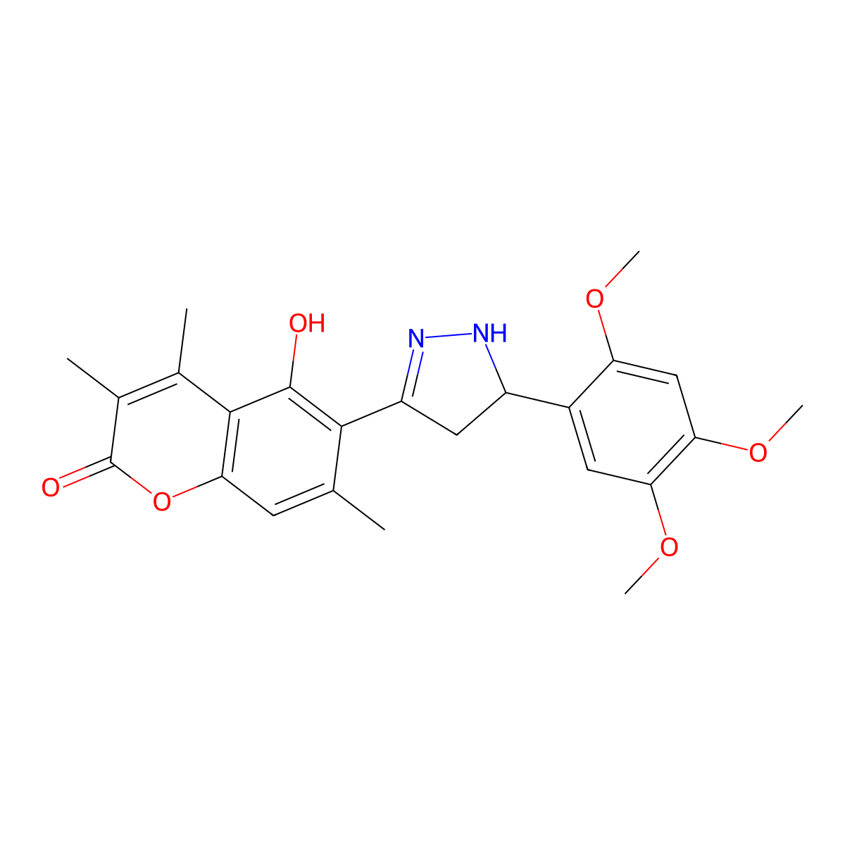5-hydroxy-3,4,7-trimethyl-6-[5-(2,4,5-trimethoxyphenyl)-4,5-dihydro-1H-pyrazol-3-yl]-2H-chromen-2-one molecular structure, CAS 1010890-03-5