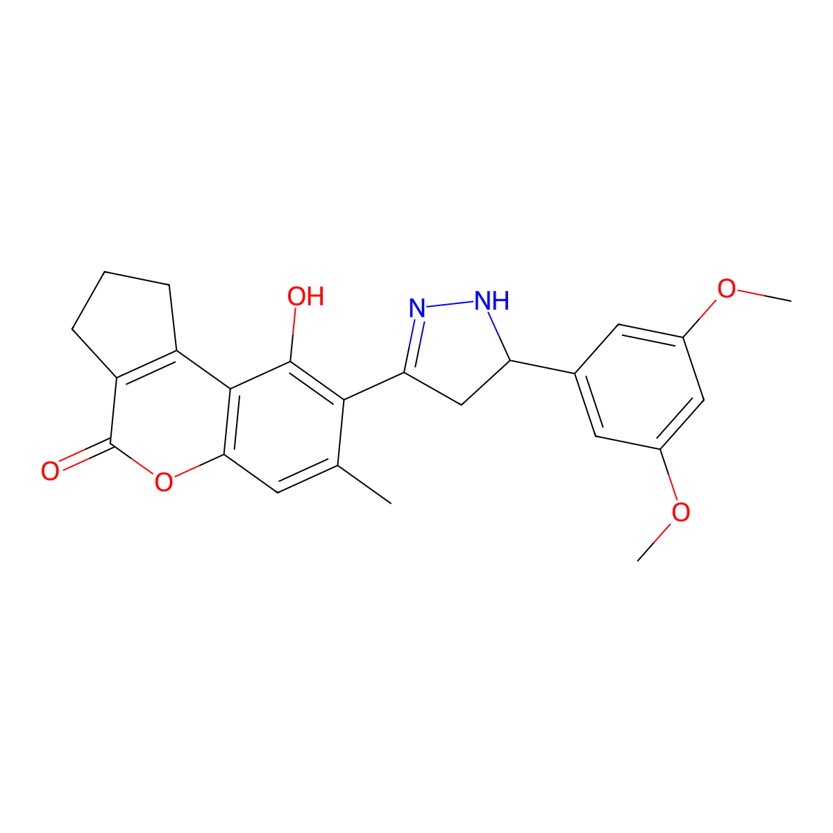 8-[5-(3,5-dimethoxyphenyl)-4,5-dihydro-1H-pyrazol-3-yl]-9-hydroxy-7-methyl-2,3-dihydrocyclopenta[c]chromen-4(1H)-one molecular structure, CAS 1010891-97-0