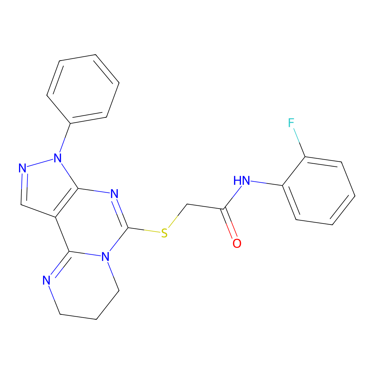 N-(2-fluorophenyl)-2-((8-phenyl-2,3,4,8-tetrahydropyrazolo[4,3-e]pyrimido[1,2-c]pyrimidin-6-yl)thio)acetamide molecular structure, CAS 1010892-19-9