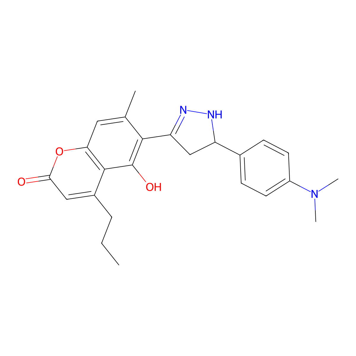 6-{5-[4-(dimethylamino)phenyl]-4,5-dihydro-1H-pyrazol-3-yl}-5-hydroxy-7-methyl-4-propyl-2H-chromen-2-one molecular structure, CAS 1010892-49-5