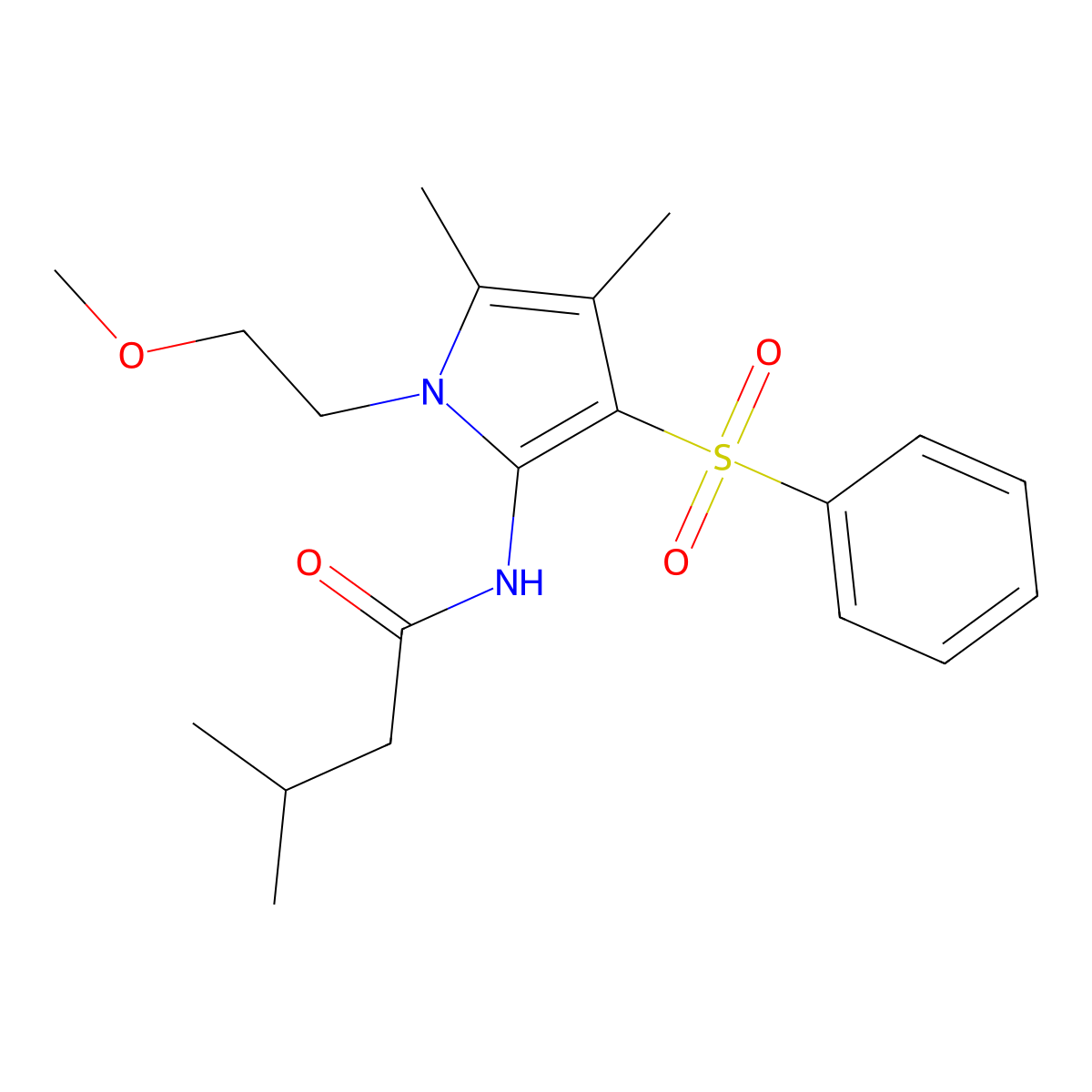 N-[1-(2-methoxyethyl)-4,5-dimethyl-3-(phenylsulfonyl)-1H-pyrrol-2-yl]-3-methylbutanamide molecular structure, CAS 1010893-41-0
