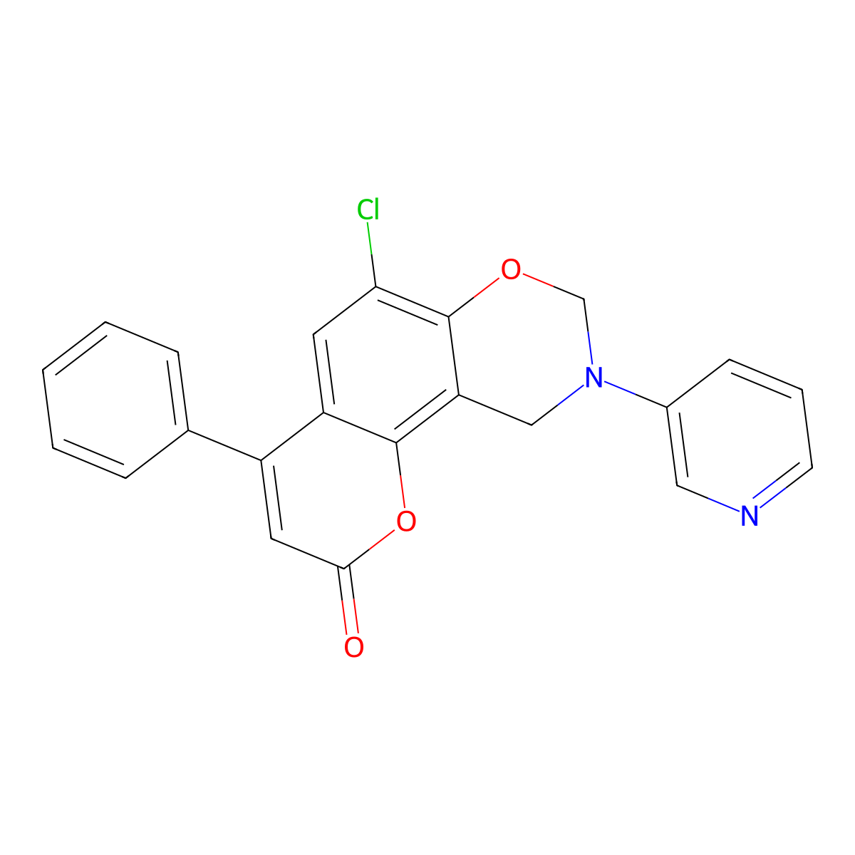 6-chloro-4-phenyl-9-(3-pyridyl)-9,10-dihydro-2H,8H-chromeno[8,7-e][1,3]oxazin-2-one molecular structure, CAS 1010893-55-6