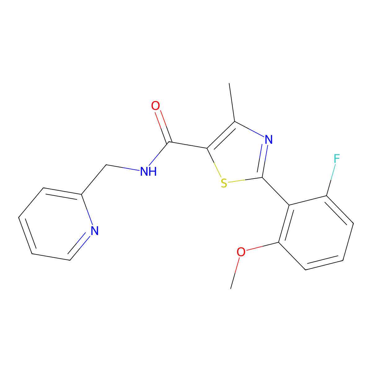2-(2-fluoro-6-methoxyphenyl)-4-methyl-N-(pyridin-2-ylmethyl)-1,3-thiazole-5-carboxamide molecular structure, CAS 1010894-01-5