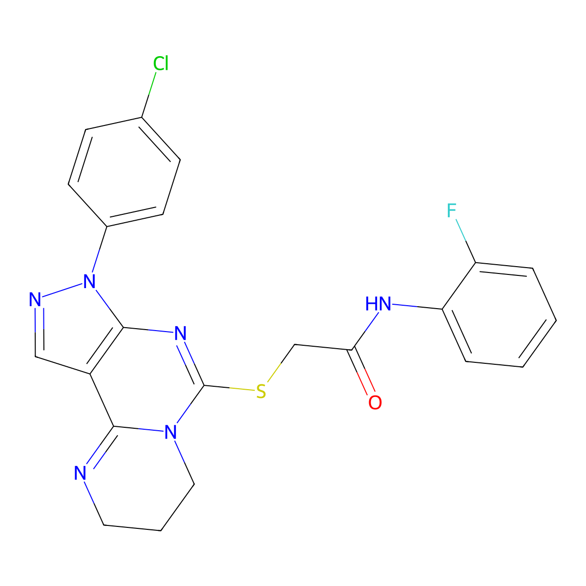 2-((8-(4-chlorophenyl)-2,3,4,8-tetrahydropyrazolo[4,3-e]pyrimido[1,2-c]pyrimidin-6-yl)thio)-N-(2-fluorophenyl)acetamide molecular structure, CAS 1010894-49-1