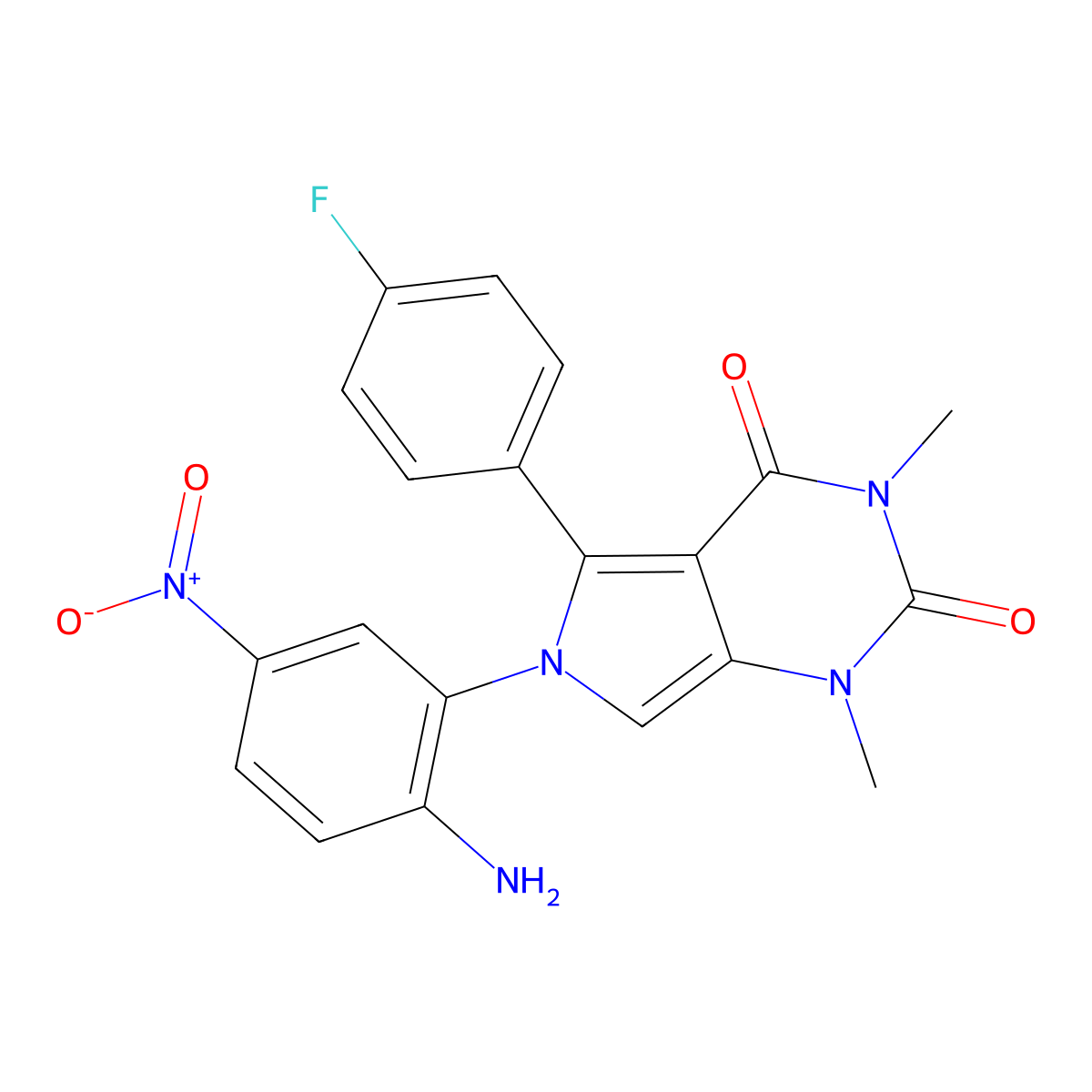 6-(2-amino-5-nitrophenyl)-5-(4-fluorophenyl)-1,3-dimethyl-1H-pyrrolo[3,4-d]pyrimidine-2,4(3H,6H)-dione molecular structure, CAS 1010894-80-0