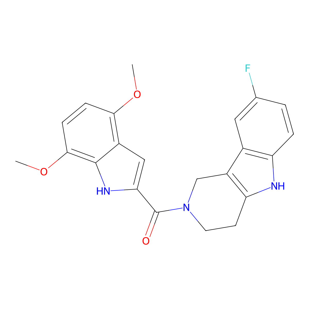 (4,7-dimethoxy-1H-indol-2-yl)(8-fluoro-1,3,4,5-tetrahydro-2H-pyrido[4,3-b]indol-2-yl)methanone molecular structure, CAS 1010895-26-7