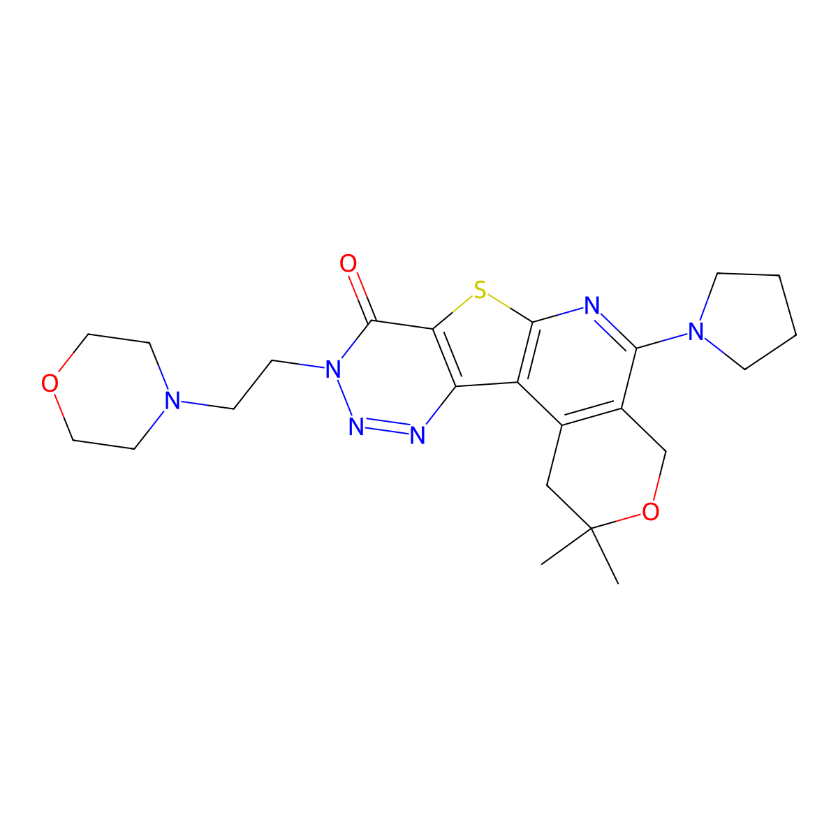 2,2-dimethyl-9-[2-(morpholin-4-yl)ethyl]-5-(pyrrolidin-1-yl)-1,4-dihydro-2H-pyrano[4'',3'':4',5']pyrido[3',2':4,5]thieno[3,2-d][1,2,3]triazin-8(9H)-one molecular structure, CAS 1010895-59-6