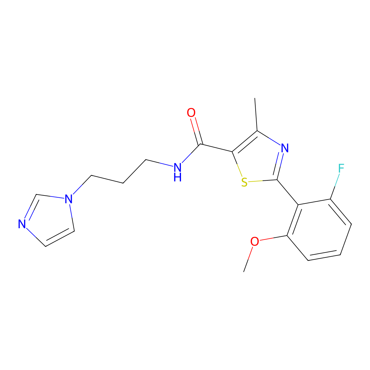 2-(2-fluoro-6-methoxyphenyl)-N-[3-(1H-imidazol-1-yl)propyl]-4-methyl-1,3-thiazole-5-carboxamide molecular structure, CAS 1010896-51-1