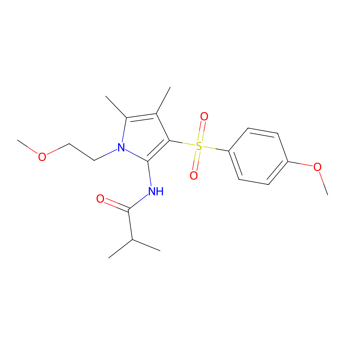 N-{1-(2-methoxyethyl)-3-[(4-methoxyphenyl)sulfonyl]-4,5-dimethyl-1H-pyrrol-2-yl}-2-methylpropanamide molecular structure, CAS 1010897-64-9