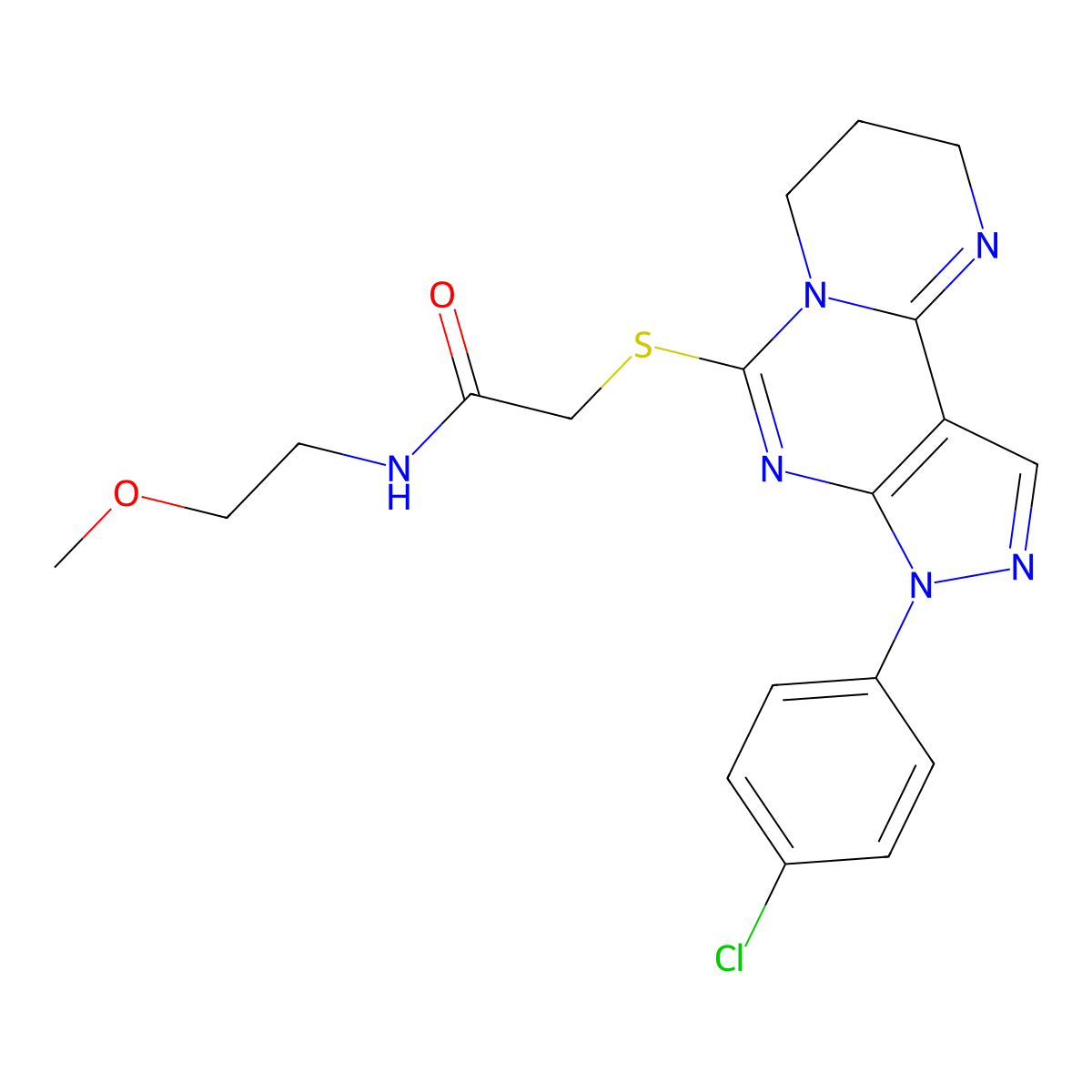 2-((8-(4-chlorophenyl)-2,3,4,8-tetrahydropyrazolo[4,3-e]pyrimido[1,2-c]pyrimidin-6-yl)thio)-N-(2-methoxyethyl)acetamide molecular structure, CAS 1010898-13-1