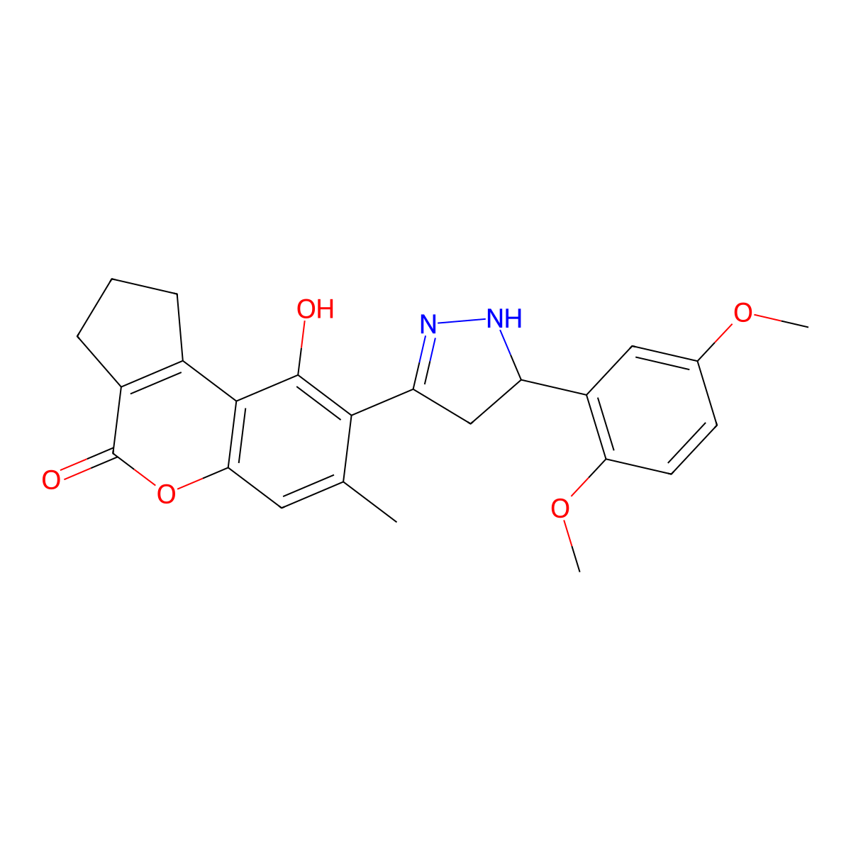 8-[5-(2,5-dimethoxyphenyl)-4,5-dihydro-1H-pyrazol-3-yl]-9-hydroxy-7-methyl-2,3-dihydrocyclopenta[c]chromen-4(1H)-one molecular structure, CAS 1010898-19-7