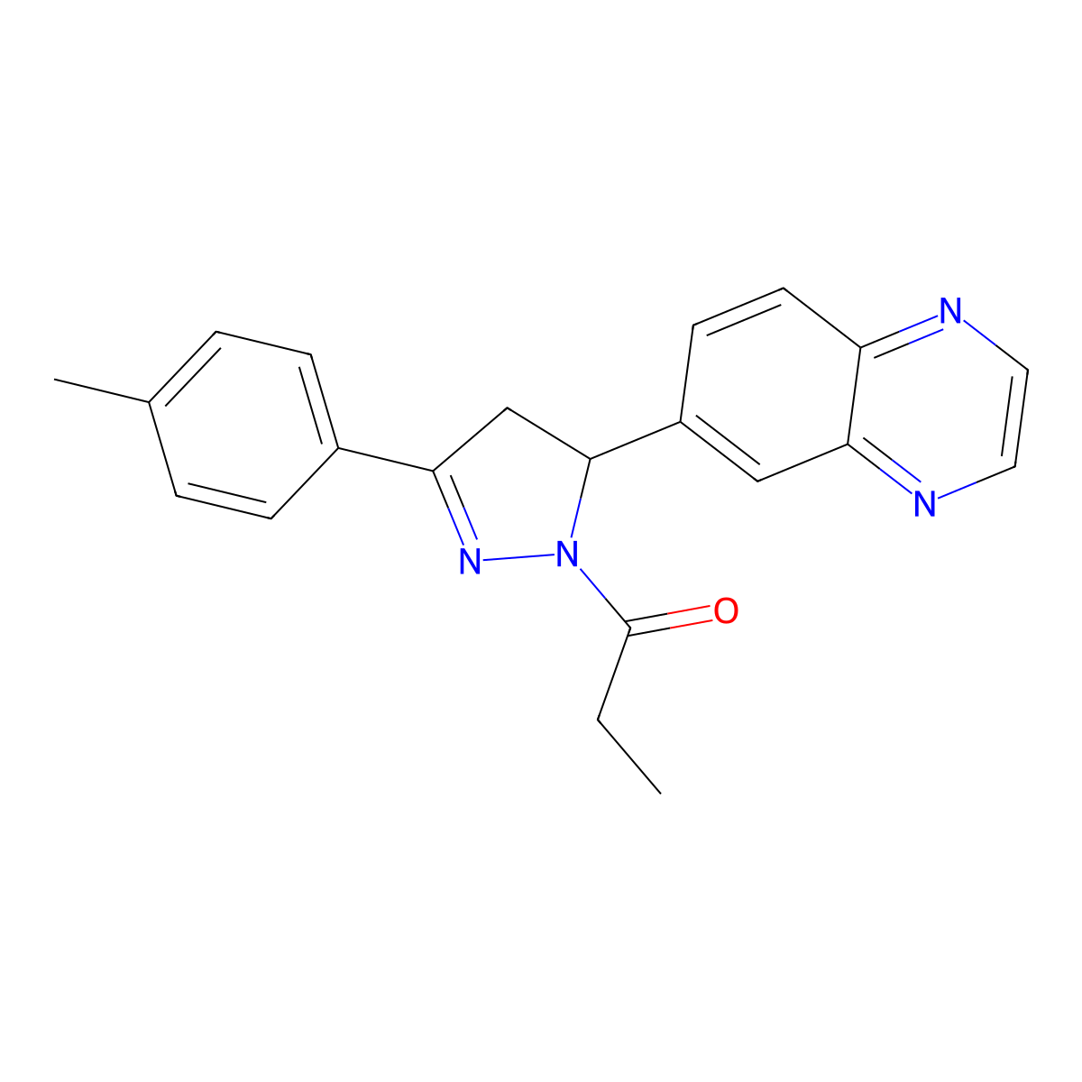 1-[3-(4-methylphenyl)-5-(quinoxalin-6-yl)-4,5-dihydro-1H-pyrazol-1-yl]propan-1-one molecular structure, CAS 1010900-63-6