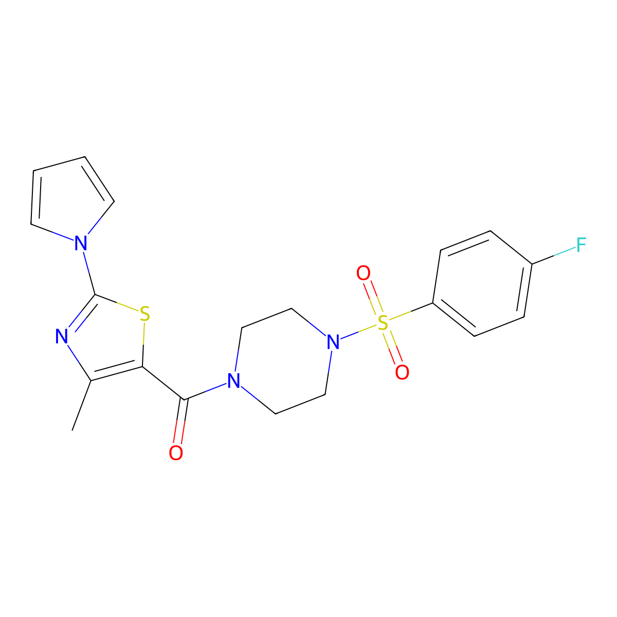 1-[(4-fluorophenyl)sulfonyl]-4-{[4-methyl-2-(1H-pyrrol-1-yl)-1,3-thiazol-5-yl]carbonyl}piperazine molecular structure, CAS 1010900-77-2
