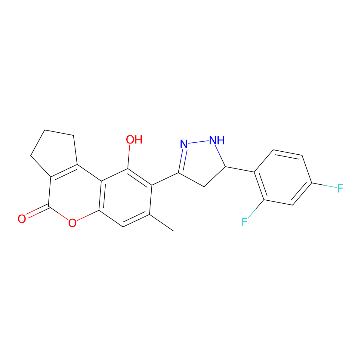 8-[5-(2,4-difluorophenyl)-4,5-dihydro-1H-pyrazol-3-yl]-9-hydroxy-7-methyl-2,3-dihydrocyclopenta[c]chromen-4(1H)-one molecular structure, CAS 1010901-68-4