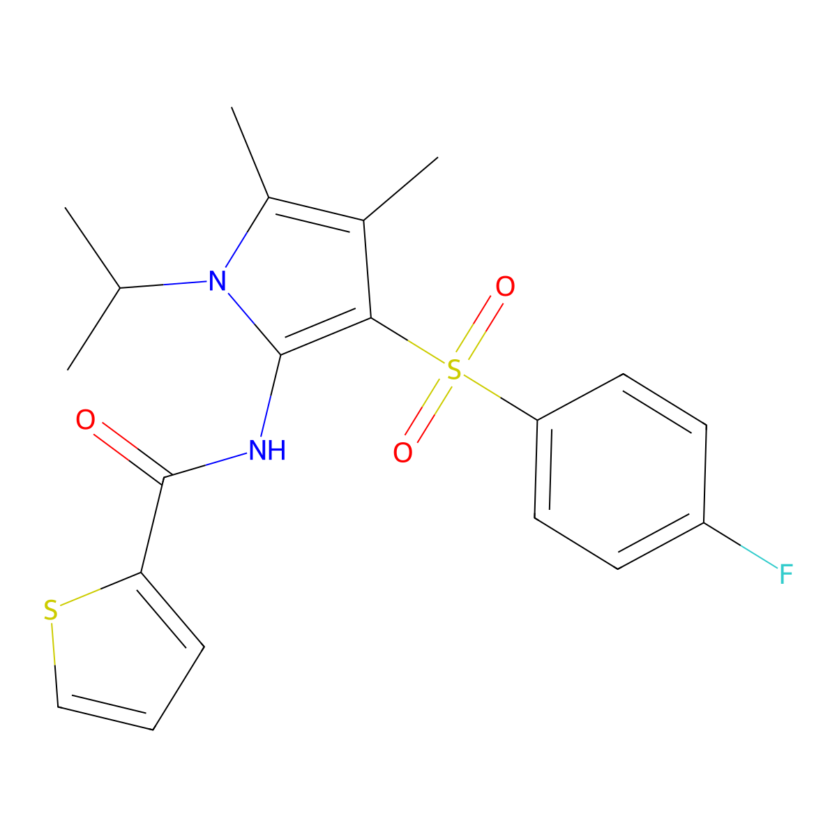 N-{3-[(4-fluorophenyl)sulfonyl]-4,5-dimethyl-1-(propan-2-yl)-1H-pyrrol-2-yl}thiophene-2-carboxamide molecular structure, CAS 1010901-74-2