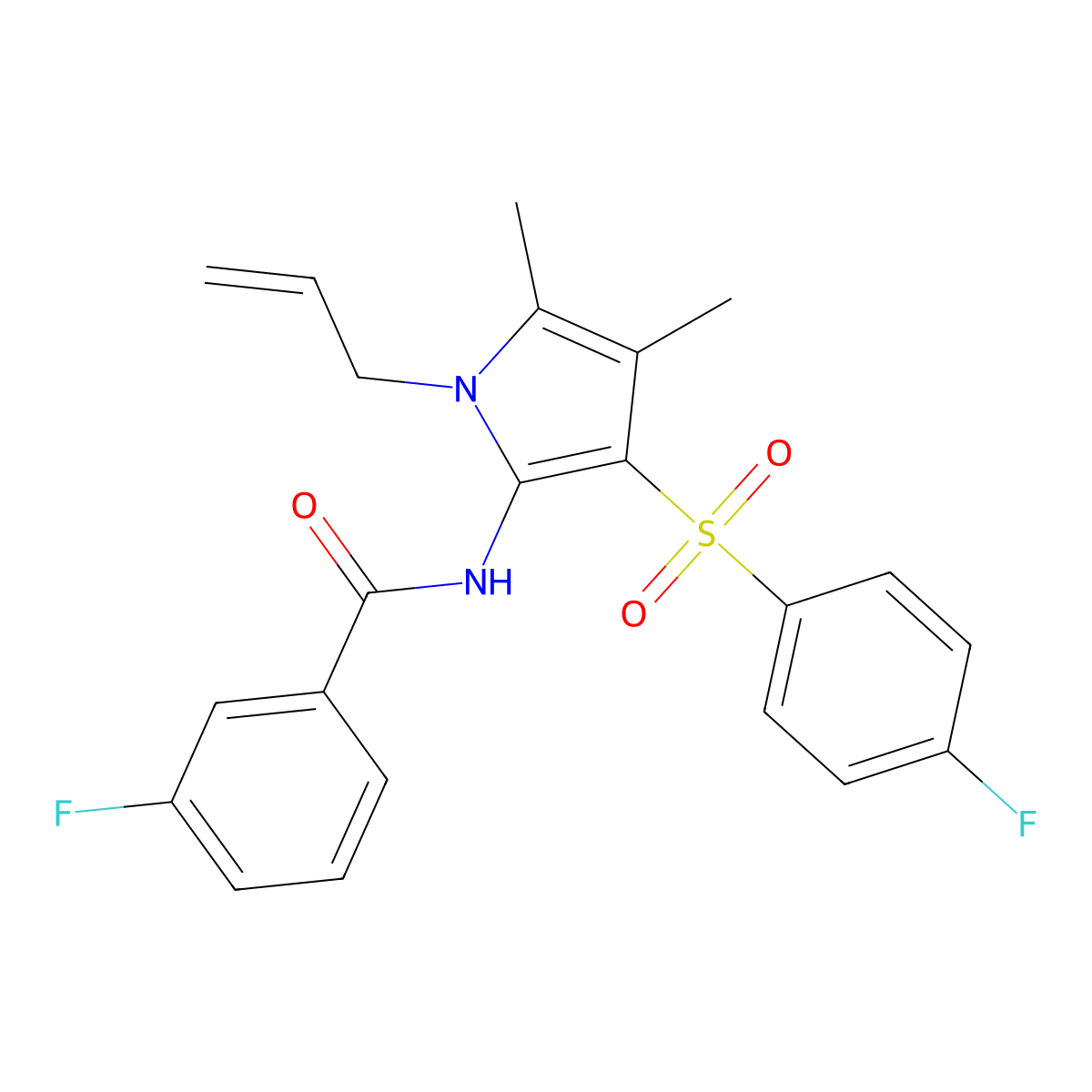 3-fluoro-N-{3-[(4-fluorophenyl)sulfonyl]-4,5-dimethyl-1-(prop-2-en-1-yl)-1H-pyrrol-2-yl}benzamide molecular structure, CAS 1010901-90-2