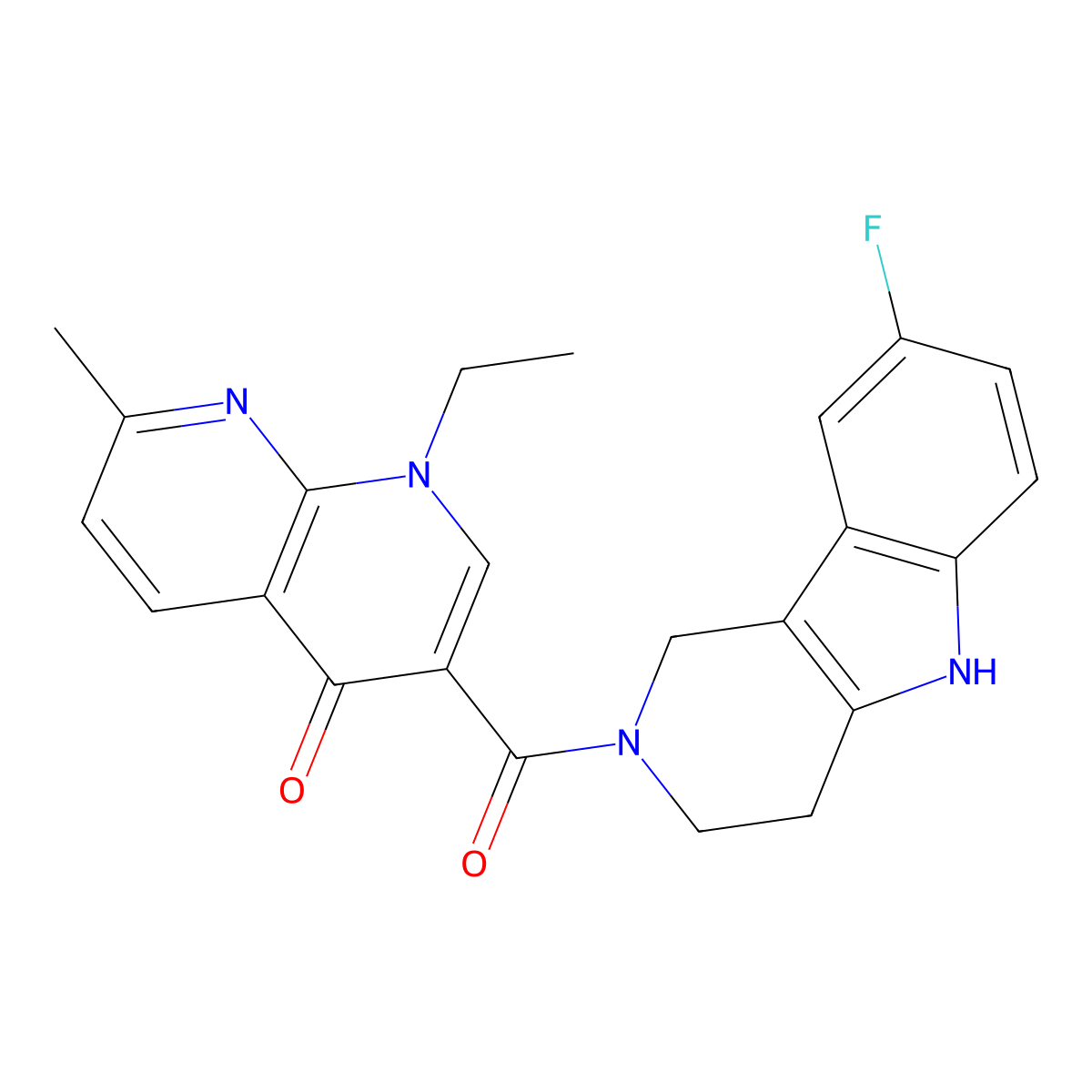 1-ethyl-3-[(8-fluoro-1,3,4,5-tetrahydro-2H-pyrido[4,3-b]indol-2-yl)carbonyl]-7-methyl-1,8-naphthyridin-4(1H)-one molecular structure, CAS 1010902-33-6
