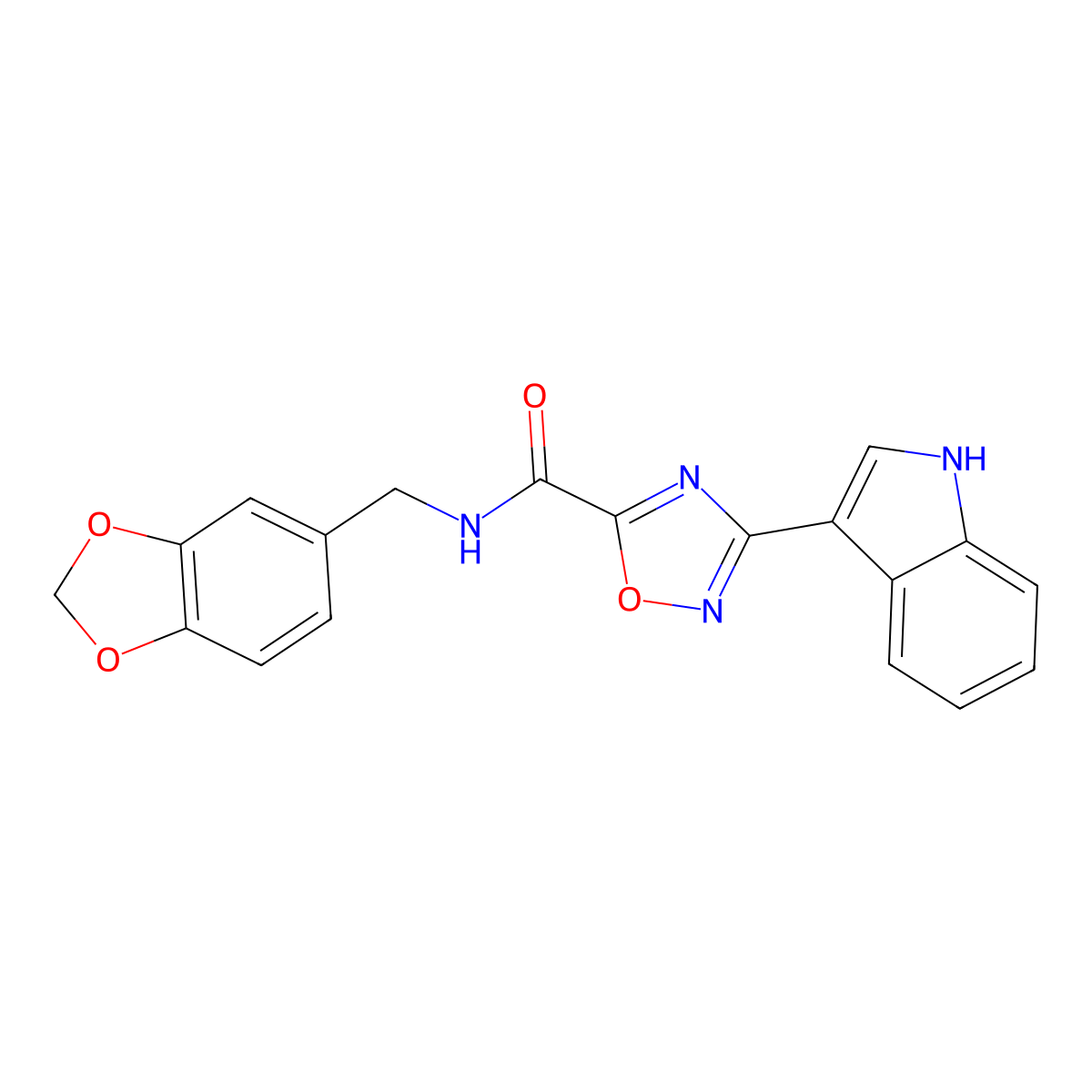 N-(1,3-benzodioxol-5-ylmethyl)-3-(1H-indol-3-yl)-1,2,4-oxadiazole-5-carboxamide molecular structure, CAS 1010902-78-9