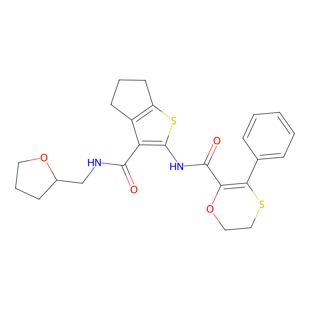 3-phenyl-N-{3-[(tetrahydrofuran-2-ylmethyl)carbamoyl]-5,6-dihydro-4H-cyclopenta[b]thiophen-2-yl}-5,6-dihydro-1,4-oxathiine-2-carboxamide molecular structure, CAS 1010903-02-2
