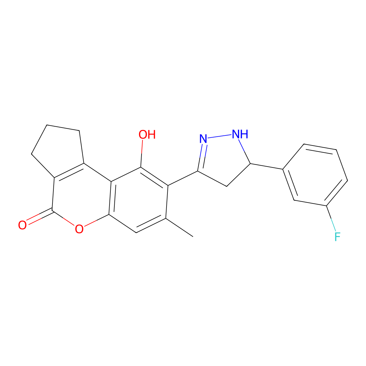 8-[5-(3-fluorophenyl)-4,5-dihydro-1H-pyrazol-3-yl]-9-hydroxy-7-methyl-2,3-dihydrocyclopenta[c]chromen-4(1H)-one molecular structure, CAS 1010904-09-2