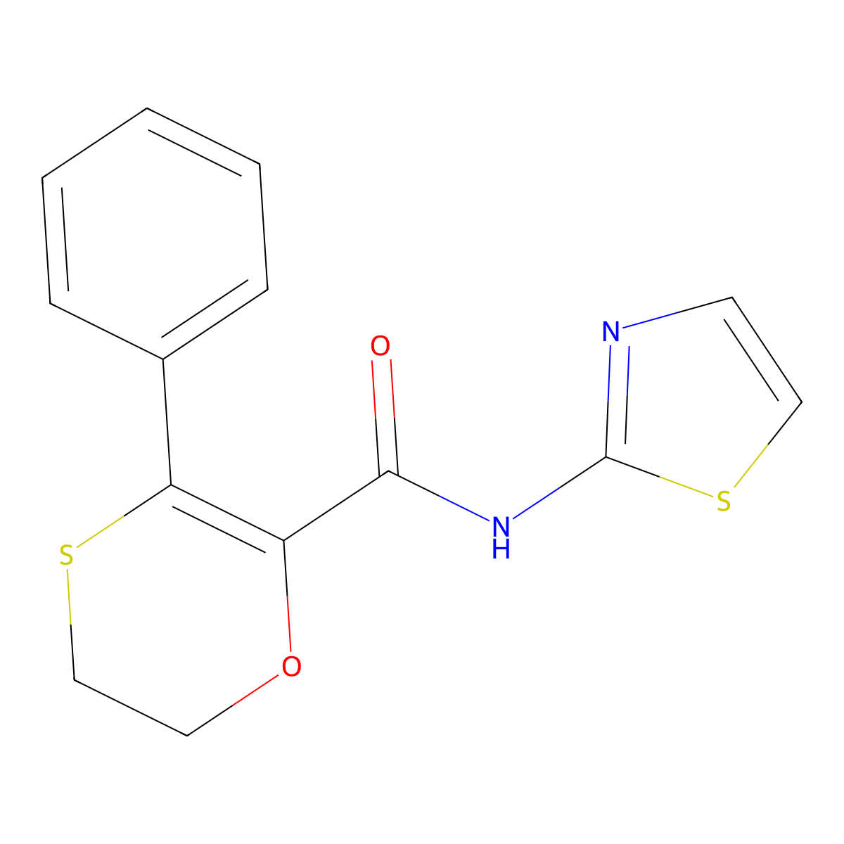 3-phenyl-N-(1,3-thiazol-2-yl)-5,6-dihydro-1,4-oxathiine-2-carboxamide molecular structure, CAS 1010904-27-4