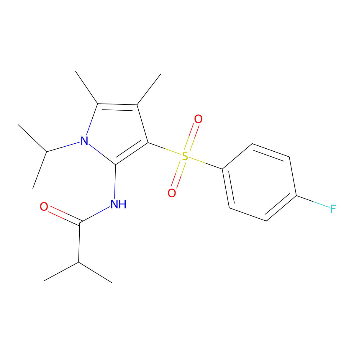 N-{3-[(4-fluorophenyl)sulfonyl]-4,5-dimethyl-1-(propan-2-yl)-1H-pyrrol-2-yl}-2-methylpropanamide molecular structure, CAS 1010905-63-1