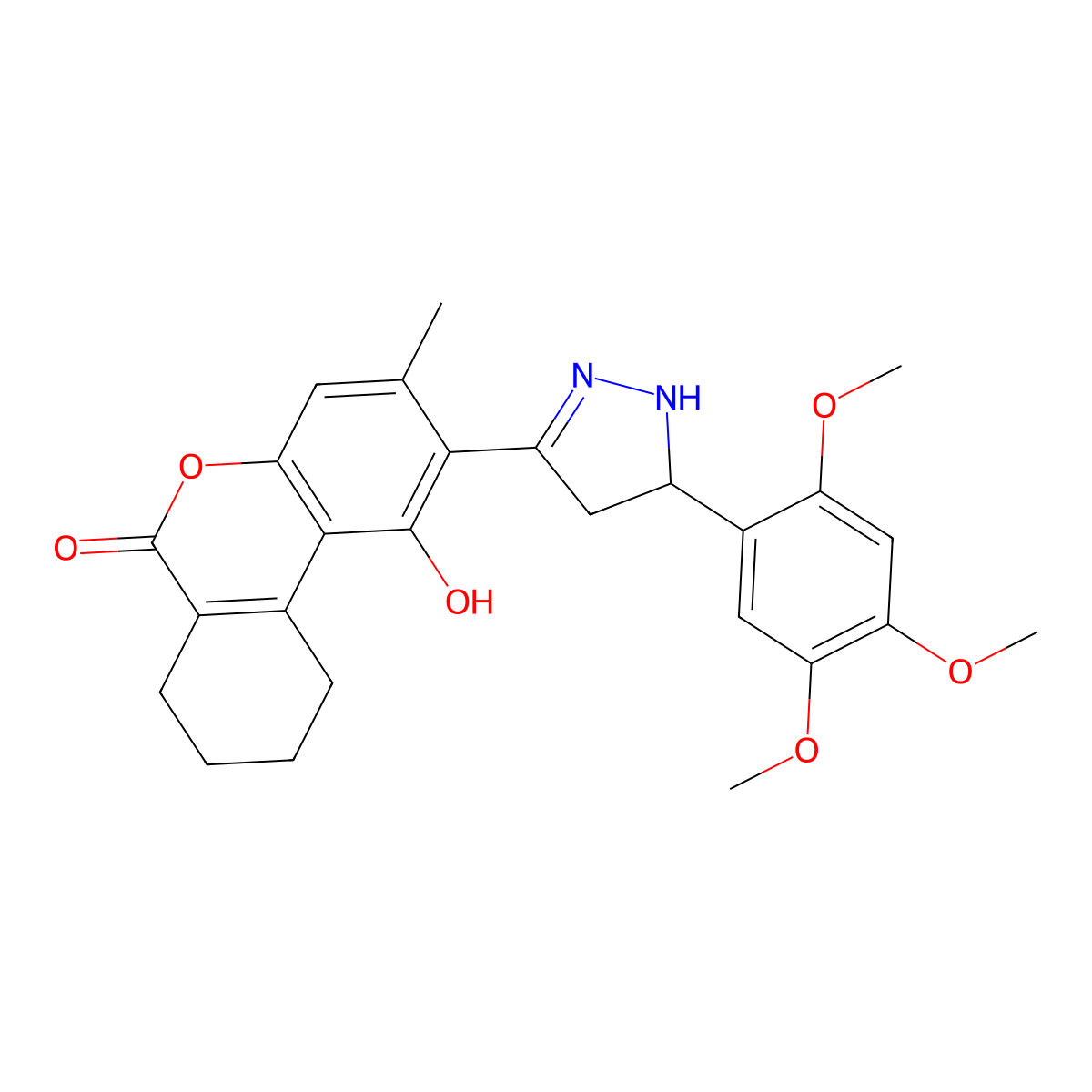 1-hydroxy-3-methyl-2-[5-(2,4,5-trimethoxyphenyl)-4,5-dihydro-1H-pyrazol-3-yl]-7,8,9,10-tetrahydro-6H-benzo[c]chromen-6-one molecular structure, CAS 1010906-82-7