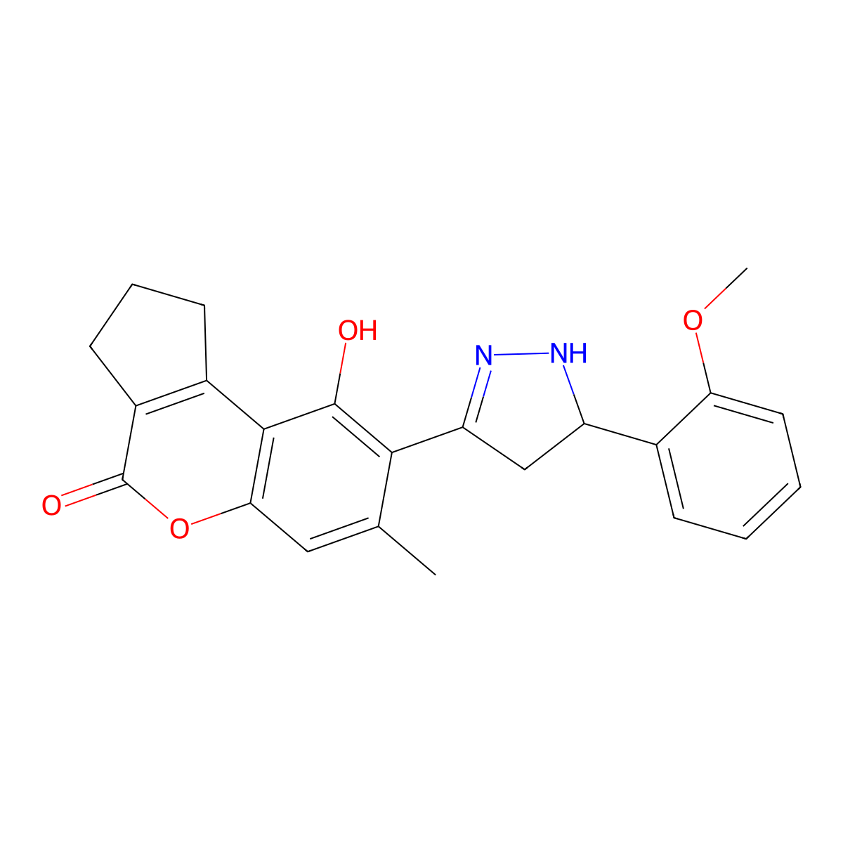 9-hydroxy-8-[5-(2-methoxyphenyl)-4,5-dihydro-1H-pyrazol-3-yl]-7-methyl-2,3-dihydrocyclopenta[c]chromen-4(1H)-one molecular structure, CAS 1010907-78-4