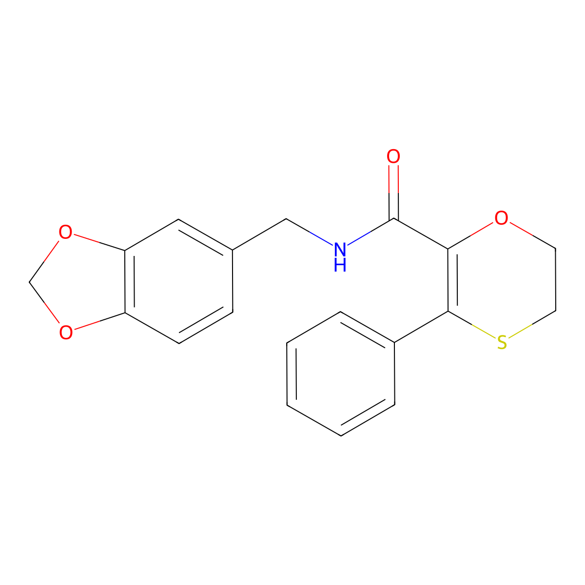 N-(1,3-benzodioxol-5-ylmethyl)-3-phenyl-5,6-dihydro-1,4-oxathiine-2-carboxamide molecular structure, CAS 1010909-62-2