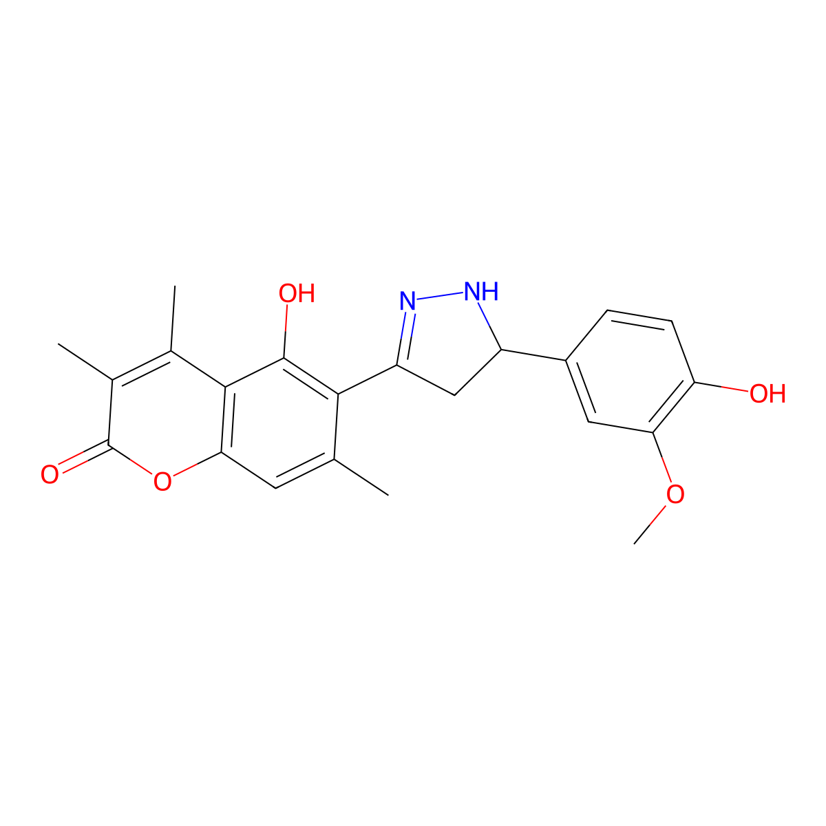 5-hydroxy-6-[5-(4-hydroxy-3-methoxyphenyl)-4,5-dihydro-1H-pyrazol-3-yl]-3,4,7-trimethyl-2H-chromen-2-one molecular structure, CAS 1010910-44-7