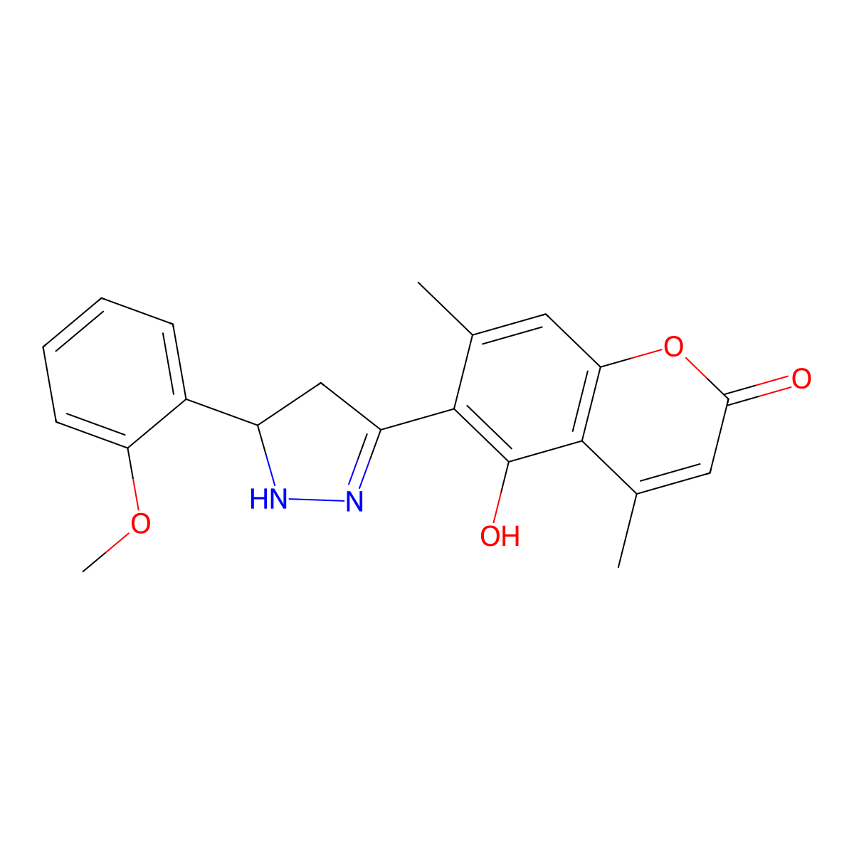 5-hydroxy-6-[5-(2-methoxyphenyl)-4,5-dihydro-1H-pyrazol-3-yl]-4,7-dimethyl-2H-chromen-2-one molecular structure, CAS 1010910-79-8