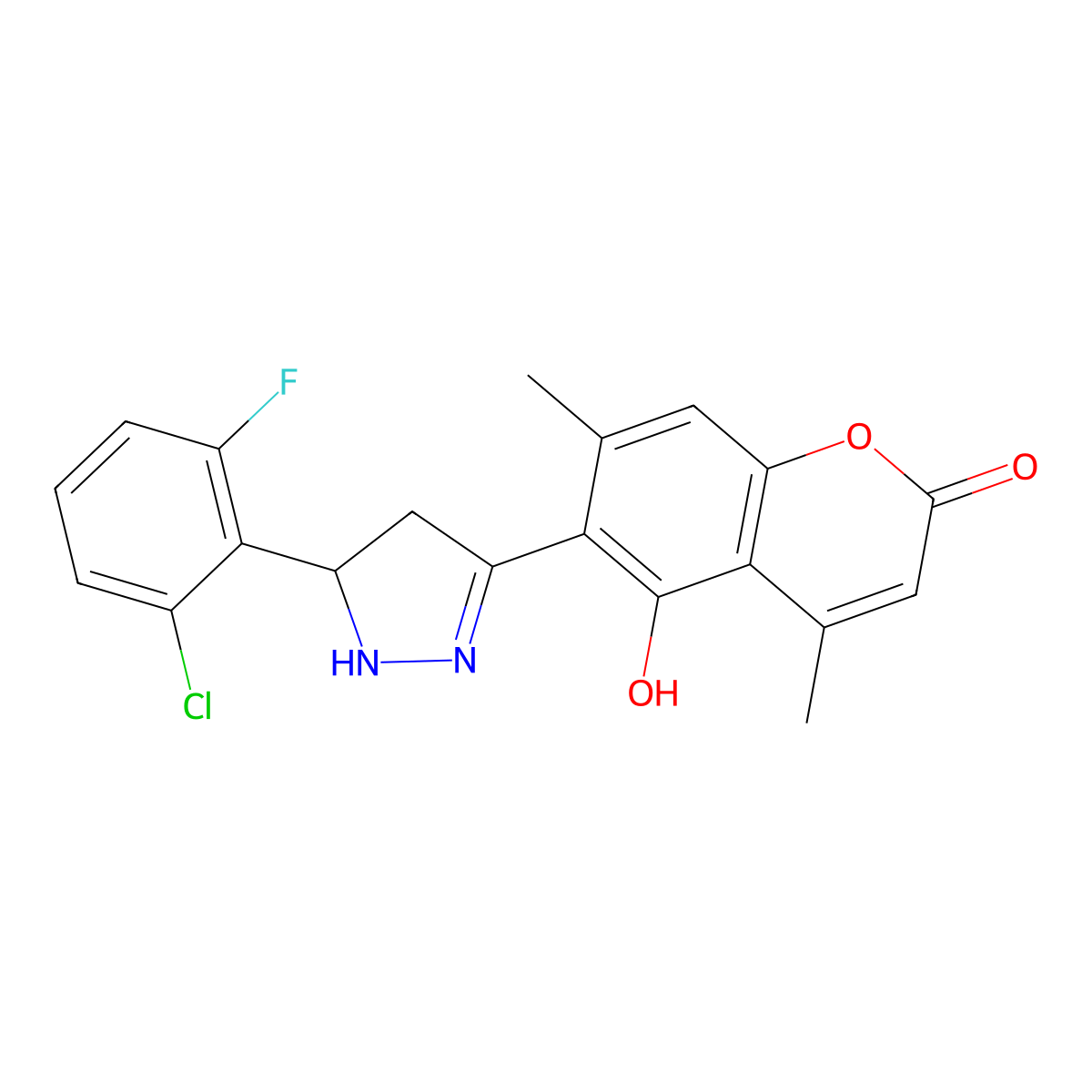 6-[5-(2-chloro-6-fluorophenyl)-4,5-dihydro-1H-pyrazol-3-yl]-5-hydroxy-4,7-dimethyl-2H-chromen-2-one molecular structure, CAS 1010910-88-9