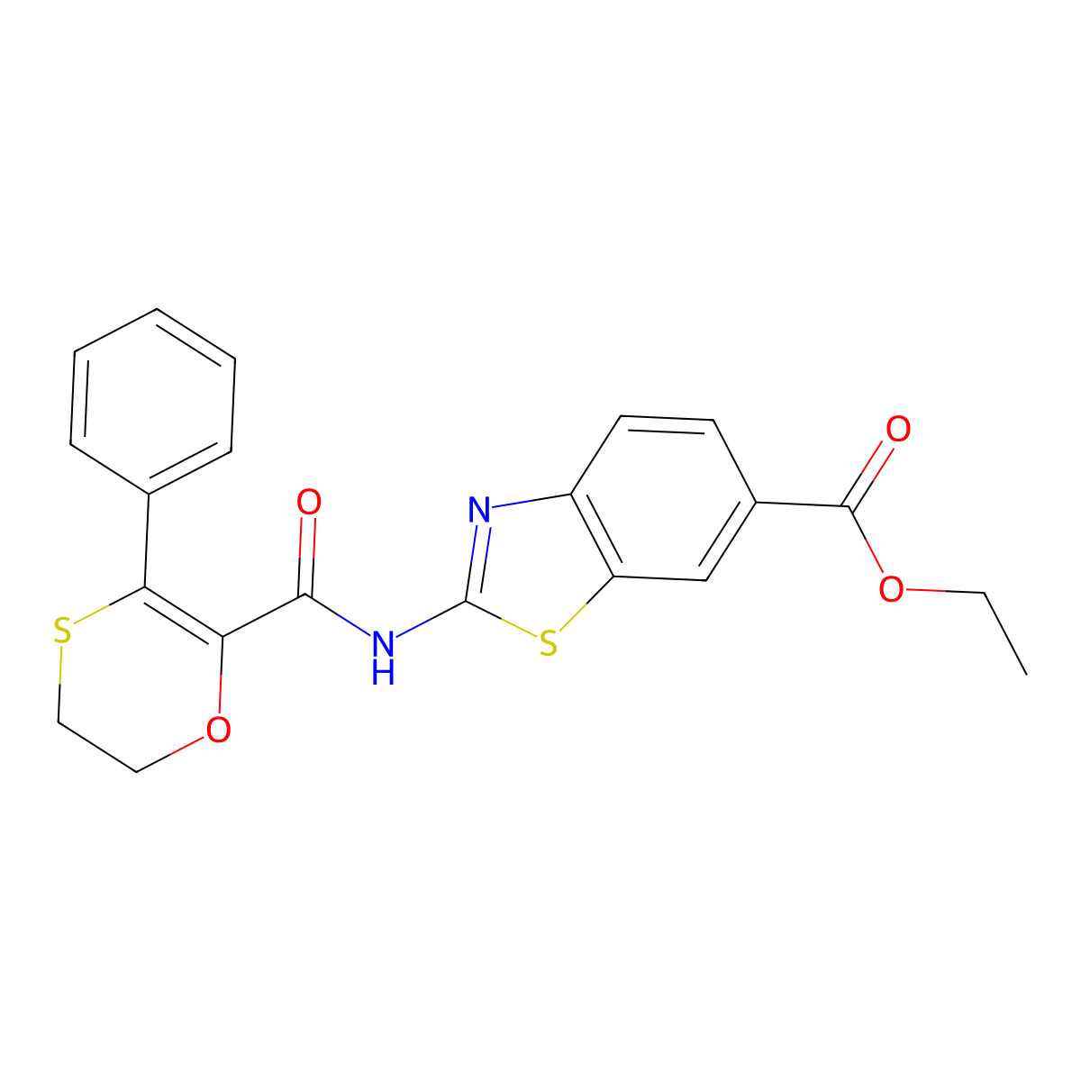 Ethyl 2-{[(3-phenyl-5,6-dihydro-1,4-oxathiin-2-yl)carbonyl]amino}-1,3-benzothiazole-6-carboxylate molecular structure, CAS 1010911-48-4
