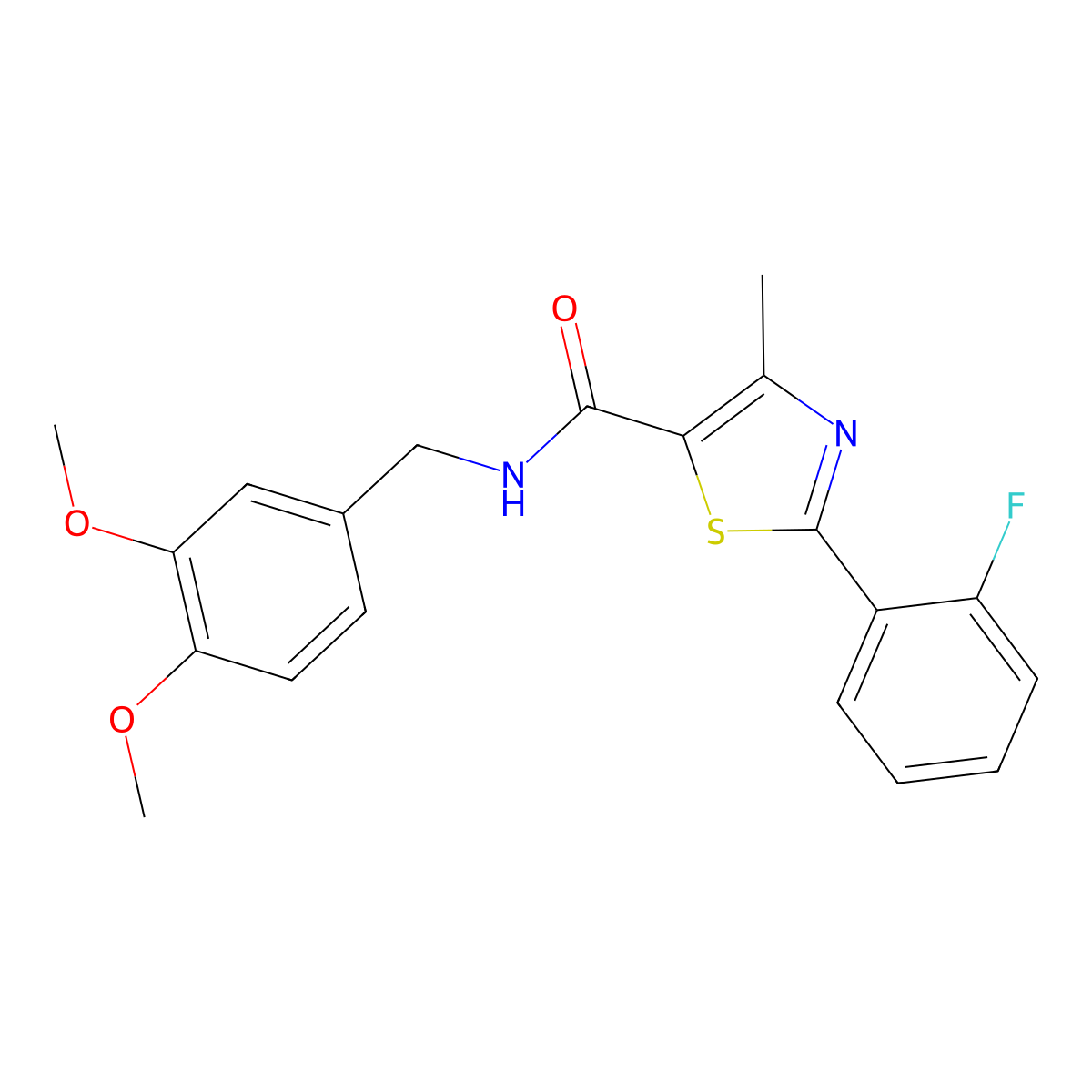 N-(3,4-dimethoxybenzyl)-2-(2-fluorophenyl)-4-methyl-1,3-thiazole-5-carboxamide molecular structure, CAS 1010912-60-3