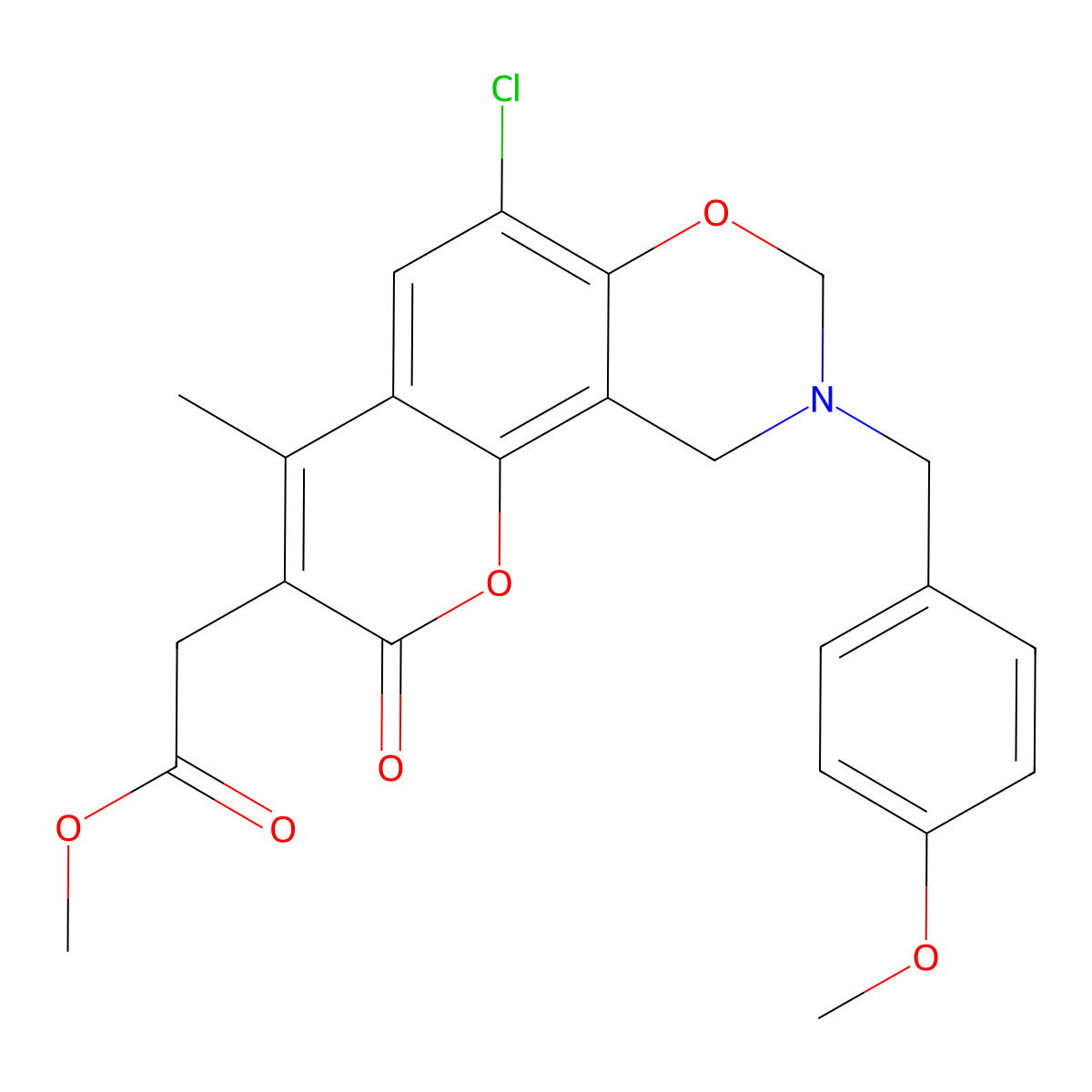 methyl [6-chloro-9-(4-methoxybenzyl)-4-methyl-2-oxo-9,10-dihydro-2H,8H-chromeno[8,7-e][1,3]oxazin-3-yl]acetate molecular structure, CAS 1010913-33-3