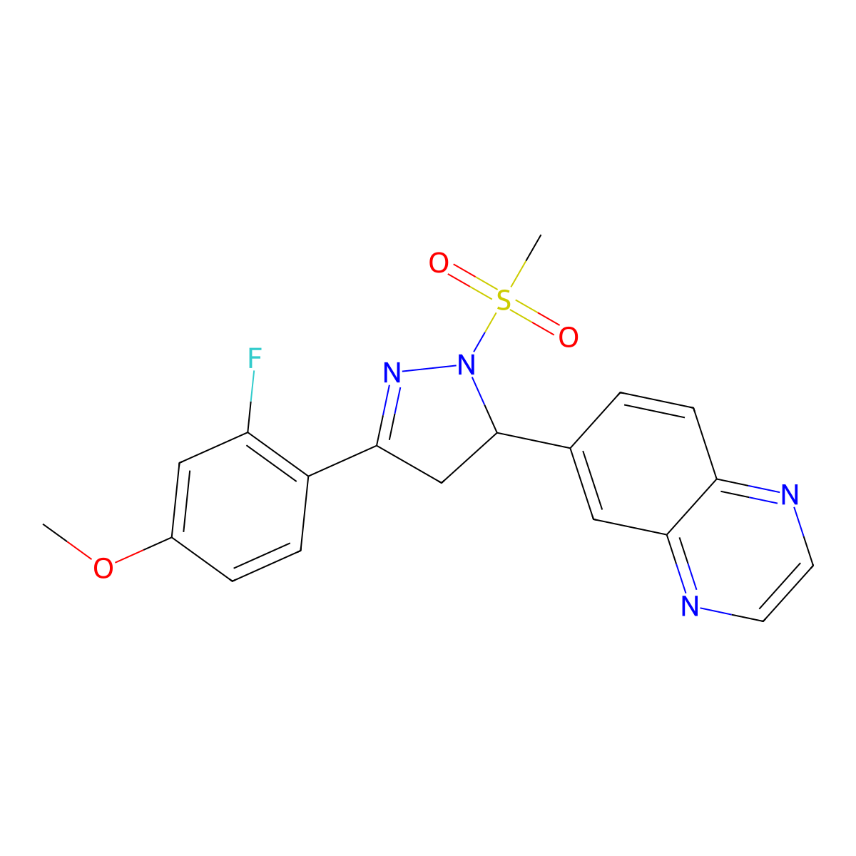 6-(3-(2-fluoro-4-methoxyphenyl)-1-(methylsulfonyl)-4,5-dihydro-1H-pyrazol-5-yl)quinoxaline molecular structure, CAS 1010914-49-4