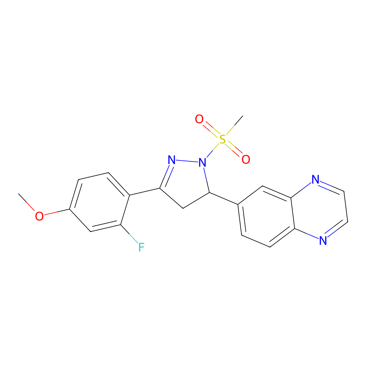 6-(3-(2-fluoro-4-methoxyphenyl)-1-(methylsulfonyl)-4,5-dihydro-1H-pyrazol-5-yl)quinoxaline molecular structure, CAS 1010914-49-4