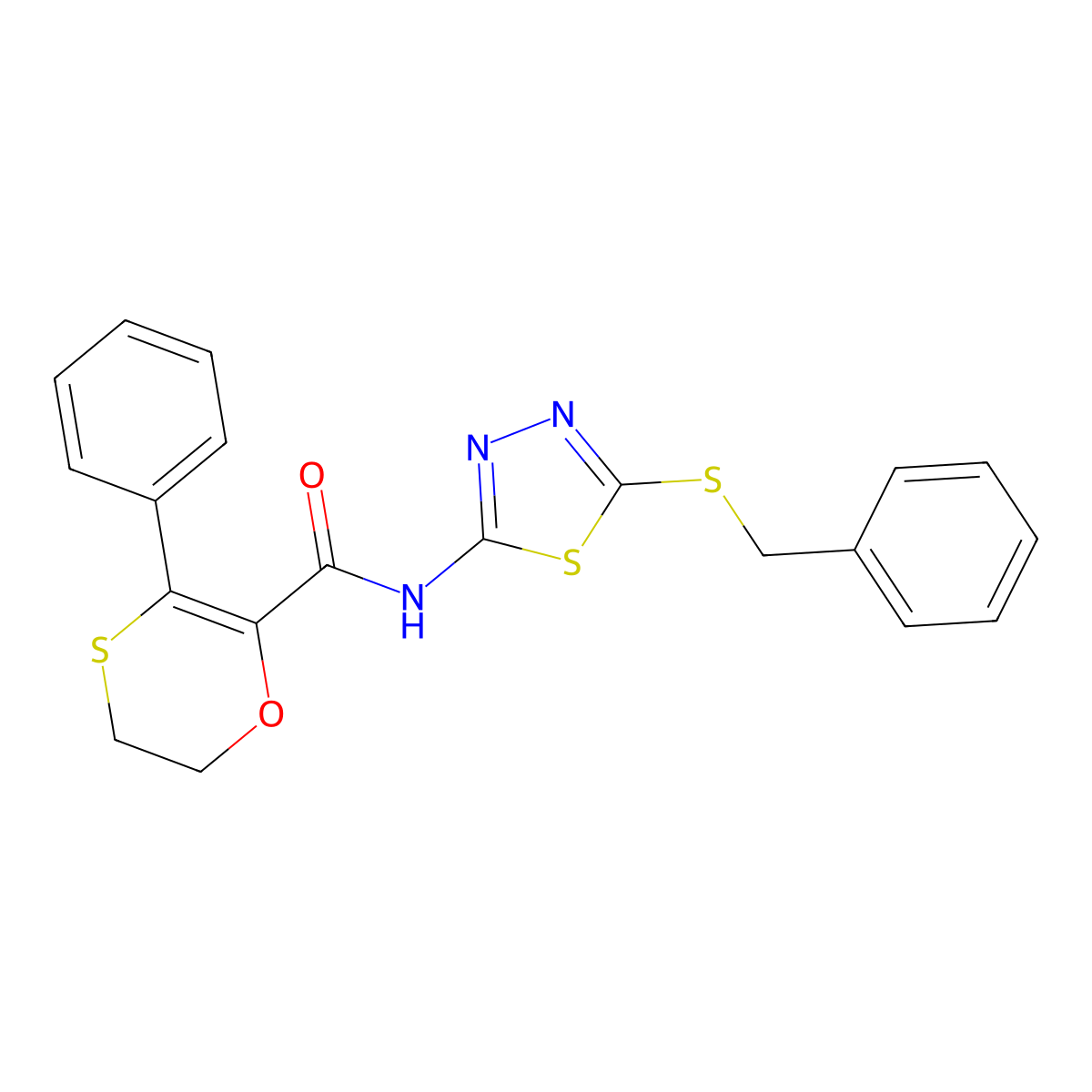 N-[(2Z)-5-(benzylsulfanyl)-1,3,4-thiadiazol-2(3H)-ylidene]-3-phenyl-5,6-dihydro-1,4-oxathiine-2-carboxamide molecular structure, CAS 1010914-80-3
